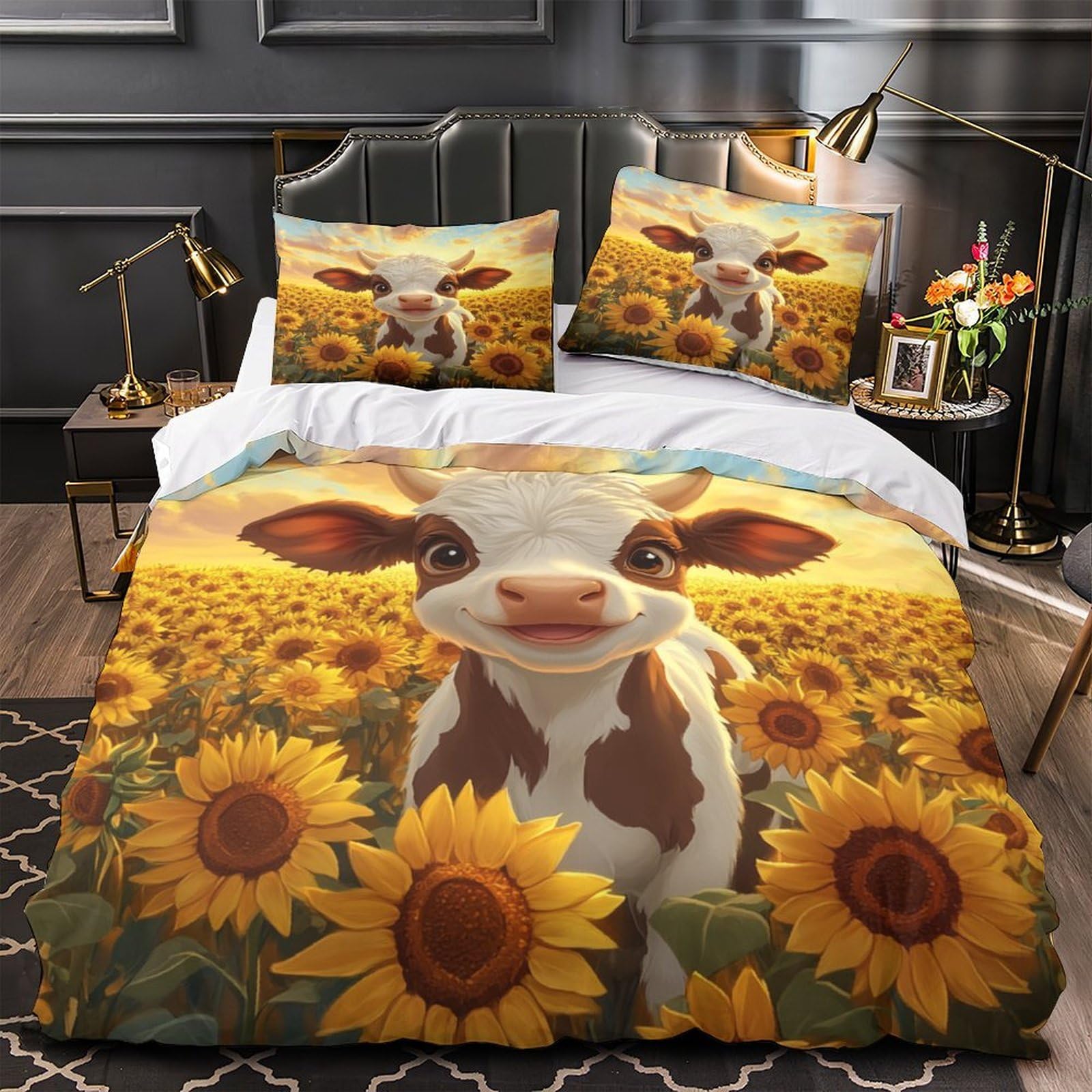Drap de couette 3 pièces finitions soignées motif veau mignon 3D