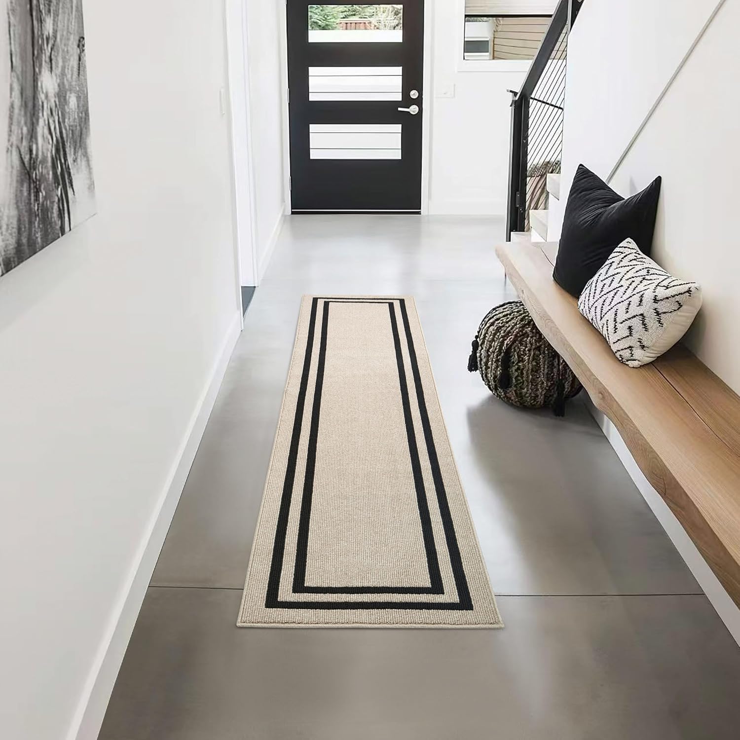Creative Home Ideas - Tufted Runner - Double Line Border Rug - Modern Home Decor - Washable Rug - Accent Carpet for Entryway & Hallway - Measures 30 x 144 - Natural Twist and Black