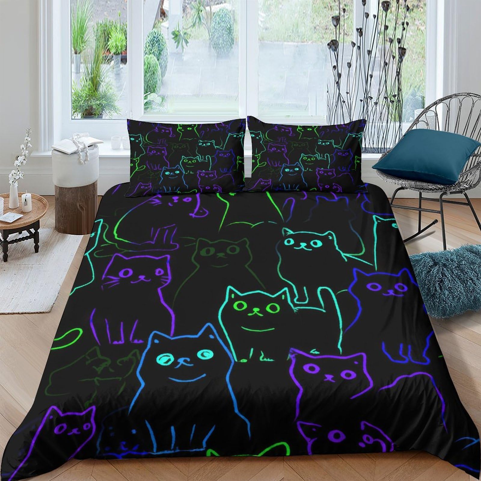 Ctjqhvkz Style-4 3D Printed Neon Cat Pattern Fitted Sheet Microfiber Soft Black Bed Sheet For Bedroom Dorm Mattress Decor Single（135X200cm）