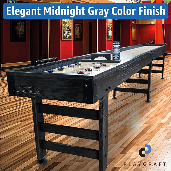 Playcraft Saybrook Shuffleboard Table with DIY Assembly - Fully Knock-Down Shuffle Board Game Table with Abacus, 8 Pucks & Premium Wax - Pro Style Climate Adjusters - Midnight Charcoal Gray
