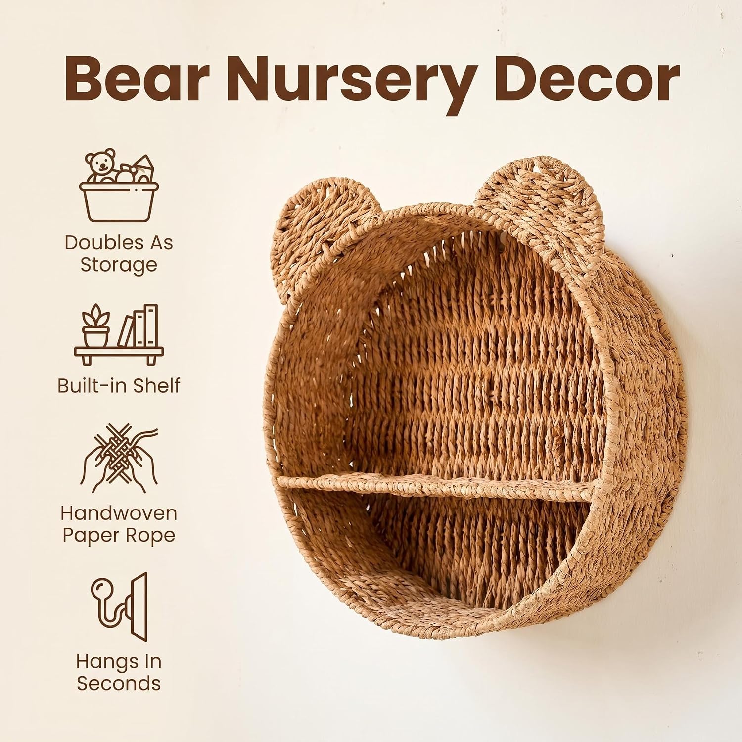 Handwoven Bear Wall Basket for Kids Room, Boho Hanging Shelf for Stuffed Animals, Paper Rope Floating Storage for Kids Room Baby Nursery