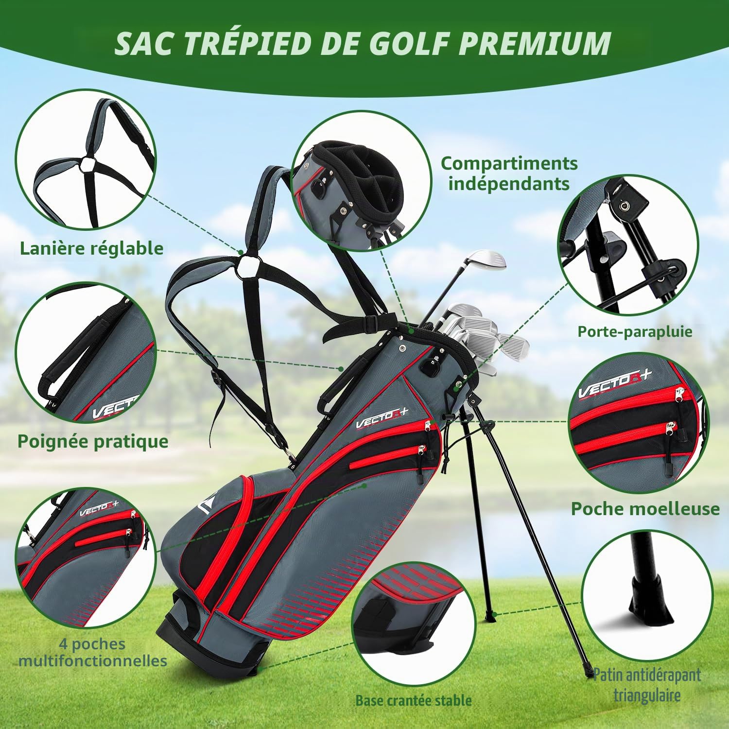 XDriveMax Ensemble de Club de Golf pour Homme gaucher 8 Pièces, avec Sac de Support avec Housse de Pluie, Bois de Fairway 3# avec Couvre-tête, 5# Hybride, 5#, 7#, 9# S# Fer et Putter