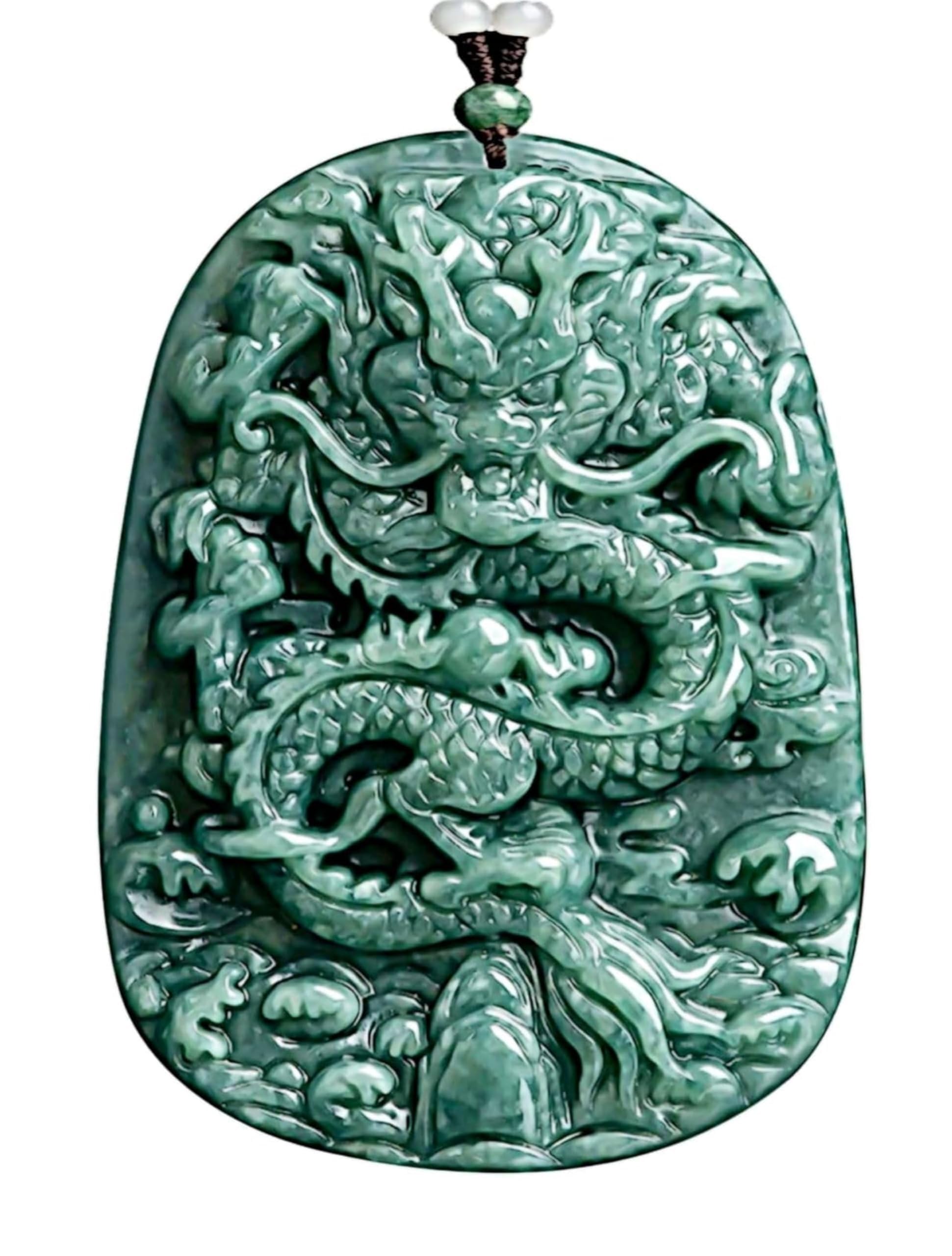Collar con colgante de dragón de jade natural de grado A, sin tratar, certificado de jadeíta birmana, tallado a mano, de doble cara, delicado amuleto verde para hombres y mujeres, Una, Una