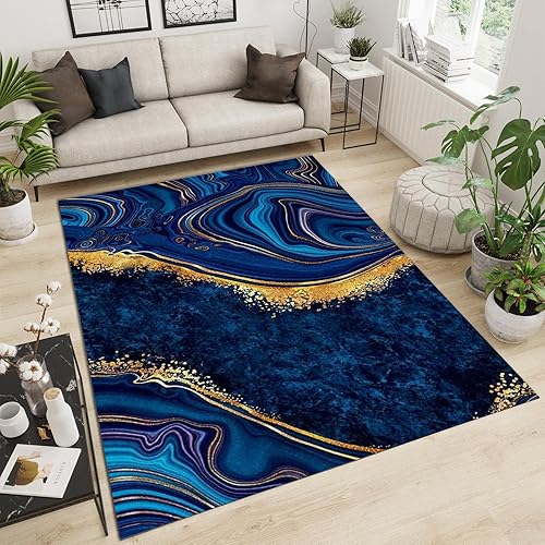 Miniatura 3 de Alfombras clásicas de mármol azul real, alfombra de lujo con tinta salpicada dorada para sala de estar, suave, lavable, resistente a la estilo-02