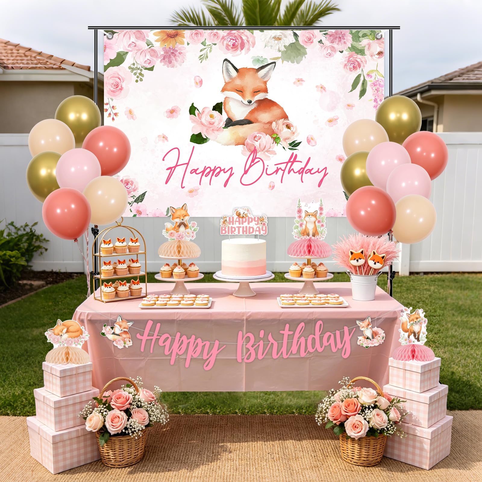 Kit di decorazioni per feste di compleanno con volpe floreale