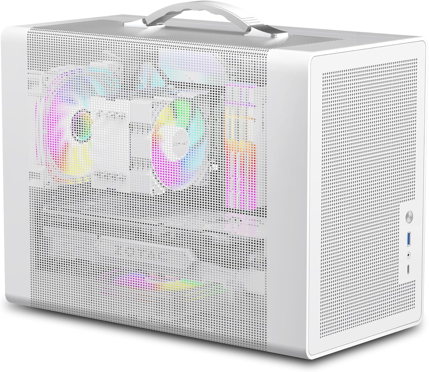 MATX 21.5L Small Form Computer case, no Fans Included, P6 L Panel with Metal mesh Hole for high Performance Airflow, Portable Handle for Carrying, Support Micro-ATX and ITX Motherboard-White MATX 21.5L Small Form Computer case, no Fans Included, P6 L Panel with Metal mesh Hole for high Performance Airflow, Portable Handle for Carrying, Support Micro-ATX and ITX Motherboard-White