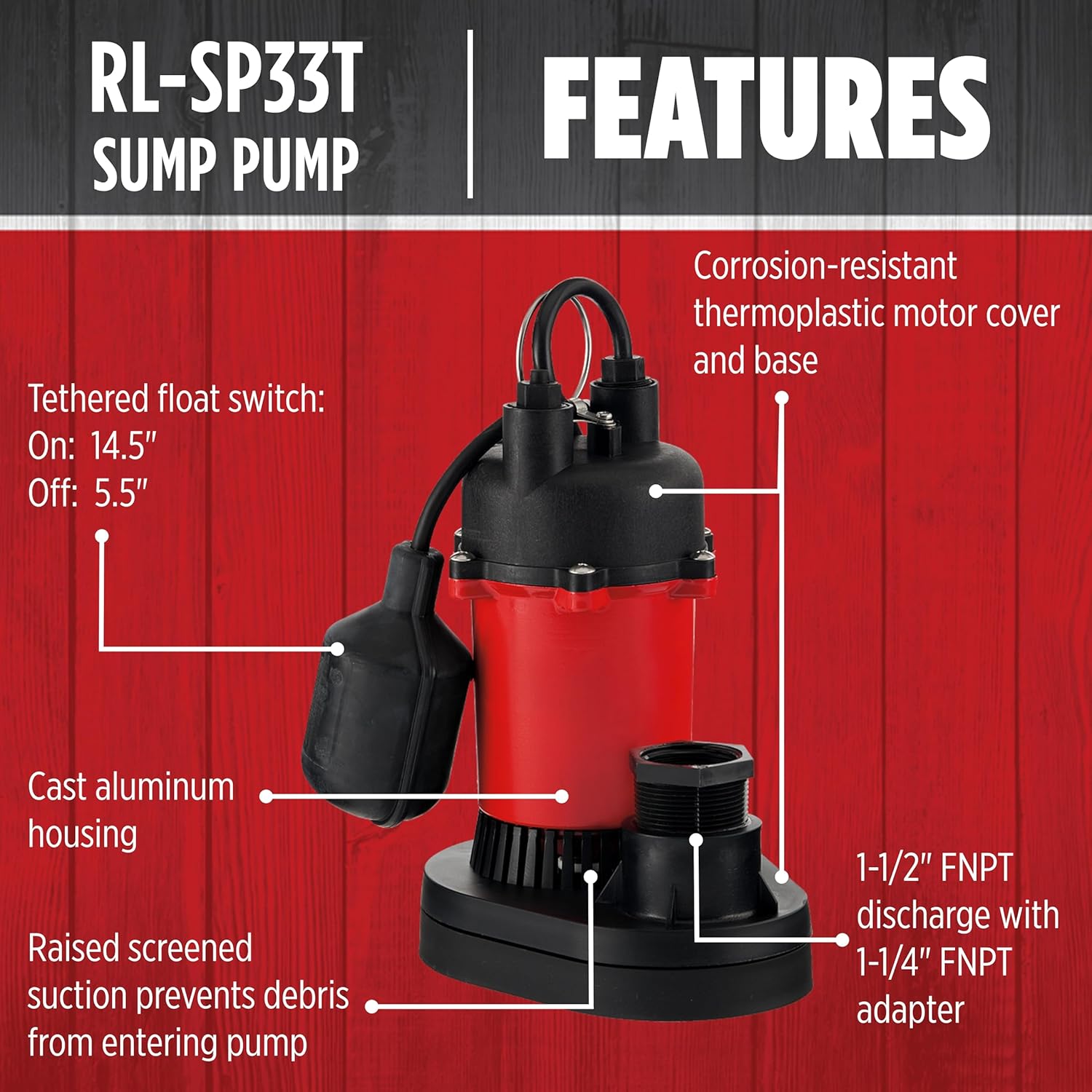 Red Lion RL-SP33T 115-Volt, 1/3 HP, 3200 GPH Aluminum and Thermoplastic Sump Pump with Tethered Switch and 8-Ft. Cord, Red, 14942740