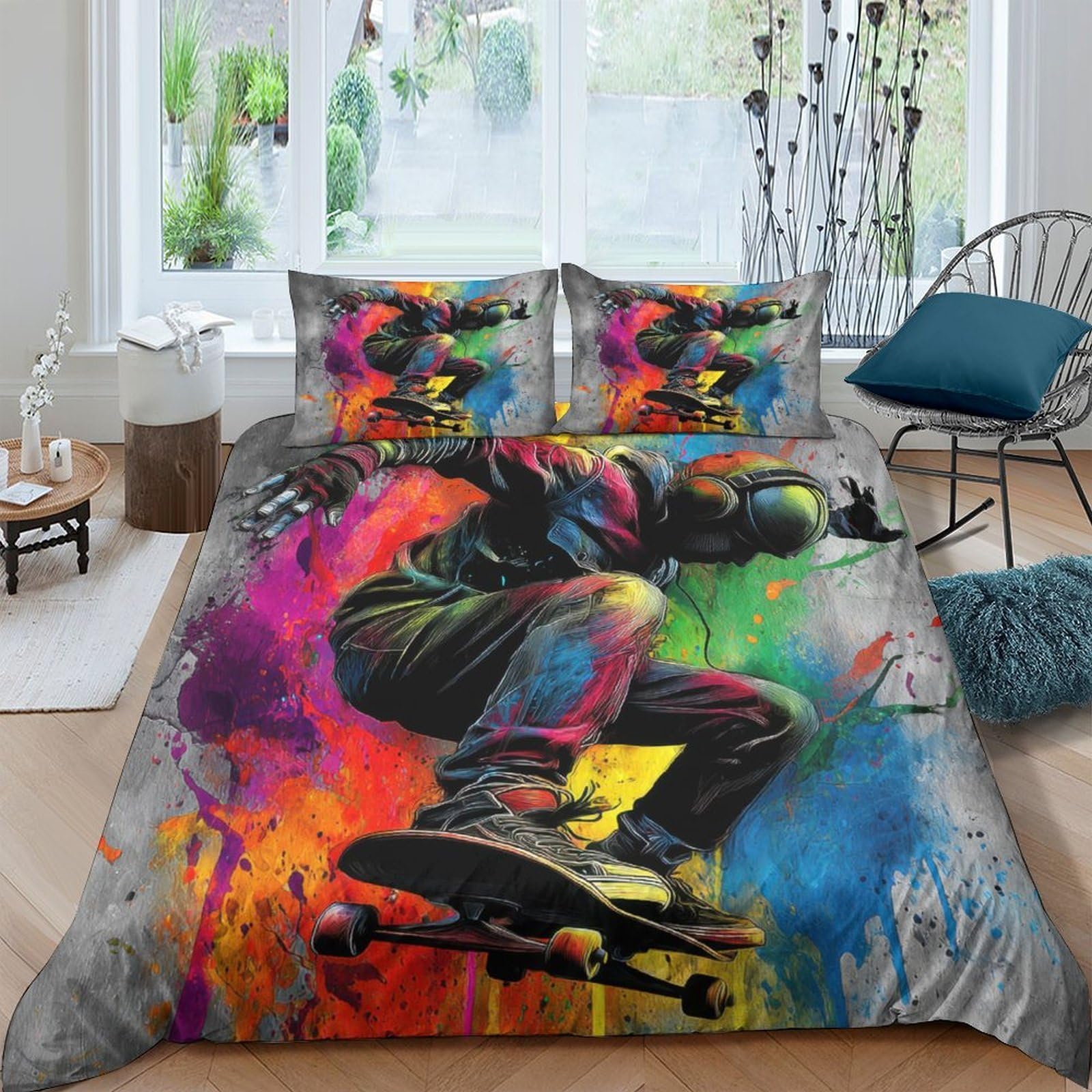 Ctjqhvkz Style-7 3D Printed Graffiti Skateboard Fitted Sheet Microfiber Soft Breathable Street Art Bed Cover For Bedroom Decor Single（135X200cm）