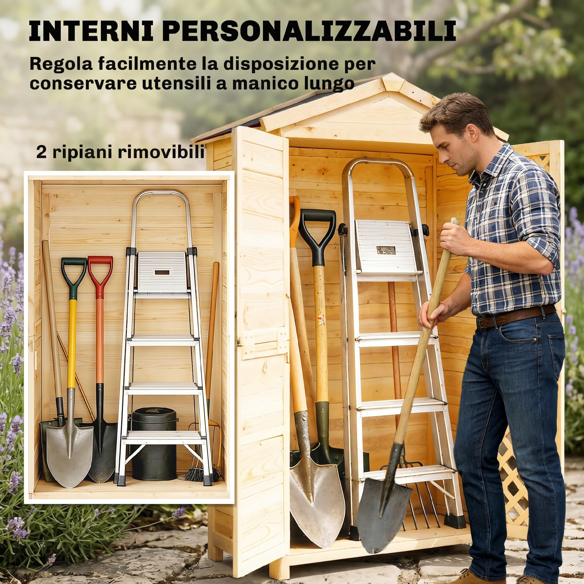 Outsunny Armadio da Giardino in Legno di Abete con Ante Ventilate e Kit Antiribaltamento, Casetta Porta Attrezzi da Esterno con Ripiani Rimovibili e Tetto Inclinato in Asfalto, Colore Legno