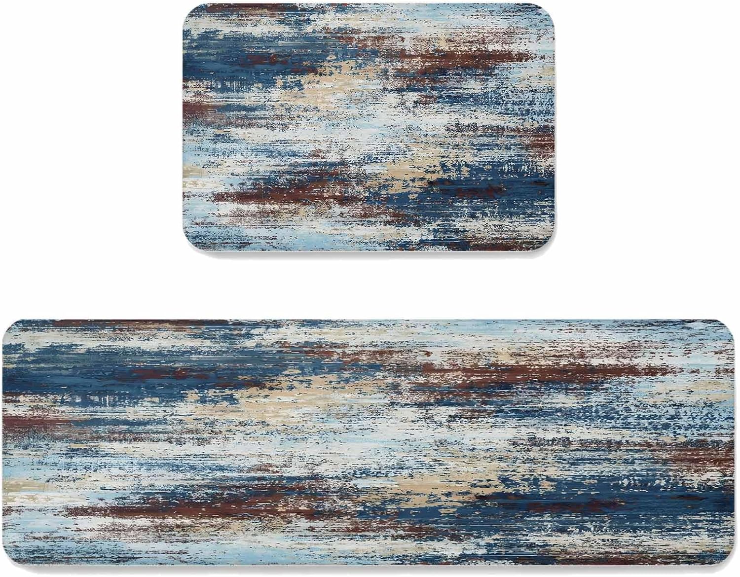 Prime Leader Dark Blue Kitchen Mat Set 2 Pieces Brown Abstract Smoky Texture Distressed Mottled Ink Art Non Slip Kitchen Rugs Washable Runner Rug Mats for Sink Laundry (15.7" x 23.6"+15.7" x 47.2")