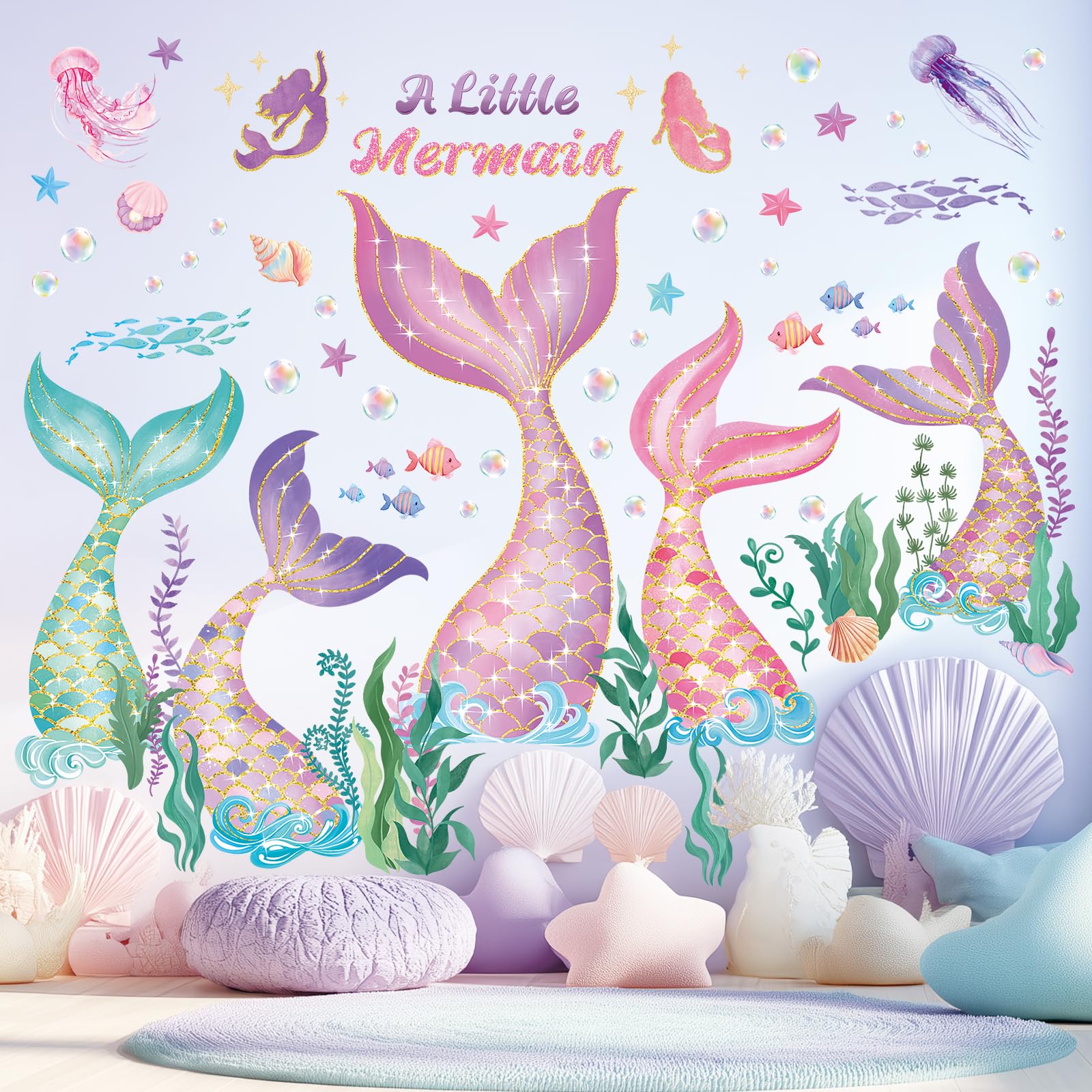 DECOWALL Mermaid Wall Stickers Under The Sea Wall Decals Bubble Seaweed Peel and Stick for Girls Bedroom Baby Nursery Bathroom Decor (SG2-2505) - Image 3