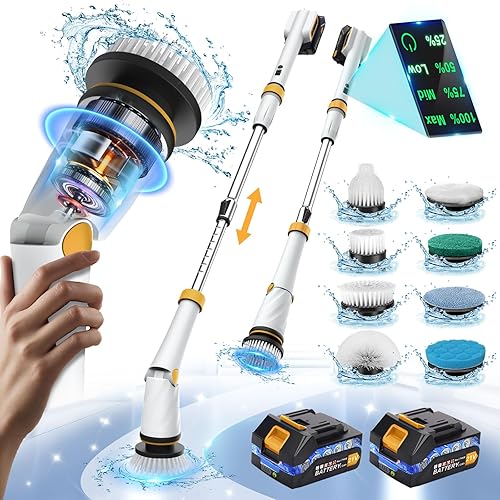 Miniatura 1 de Battery Powered Spin Scrubber 21V, 1200rpm High Speed Electric Shower Scrubber for Cleaning, Cordless Cleaning Brush Long Handle, Rechargeable, LED