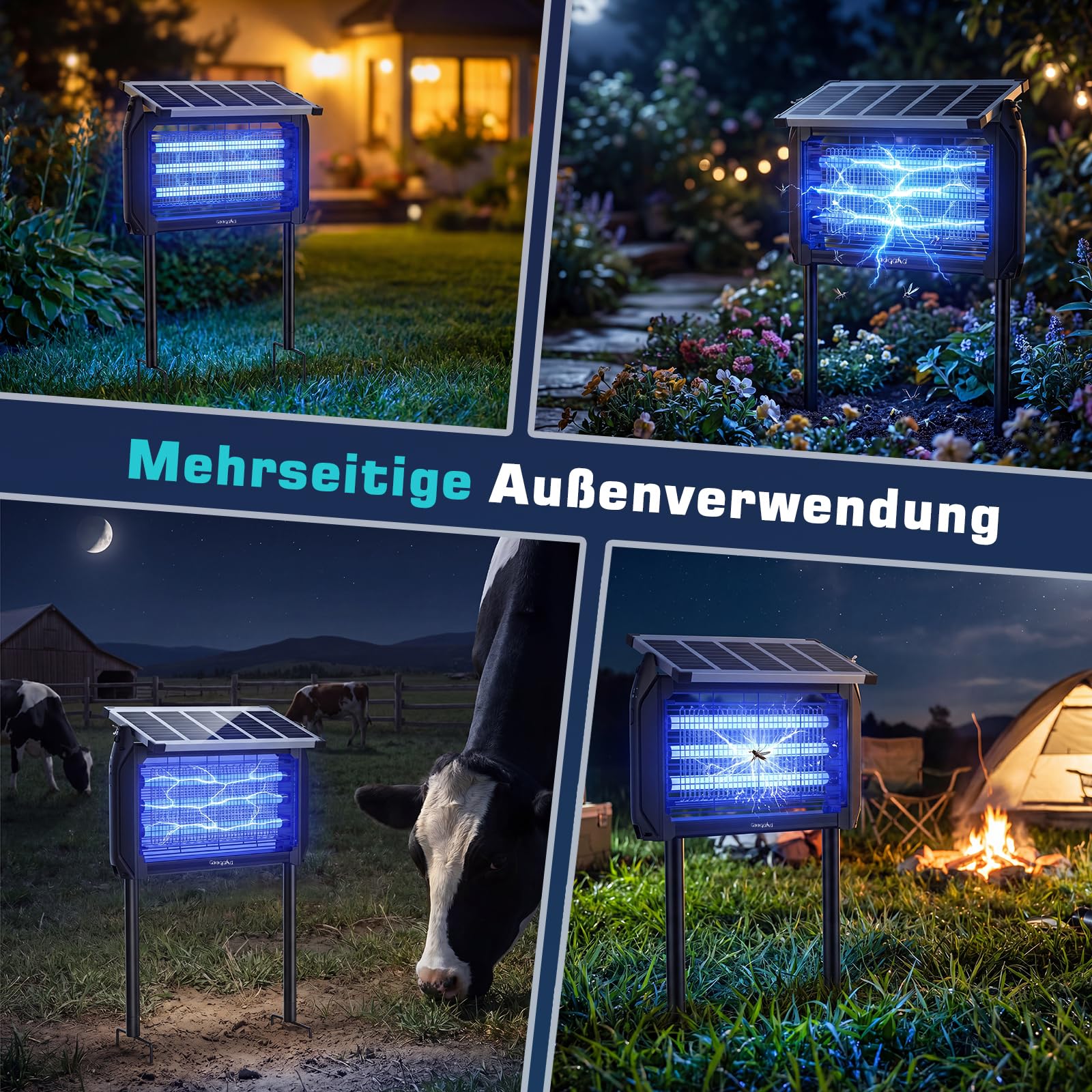 Insektenvernichter Solar für Außen, Insektenvernichter Elektrisch mit 4000mAh Akku, IPX5 Wasserdicht Moskitoschutz Mückenfalle, Kabellose Mückenlampe mit Erdspieß für Garten, Terrasse, Camping