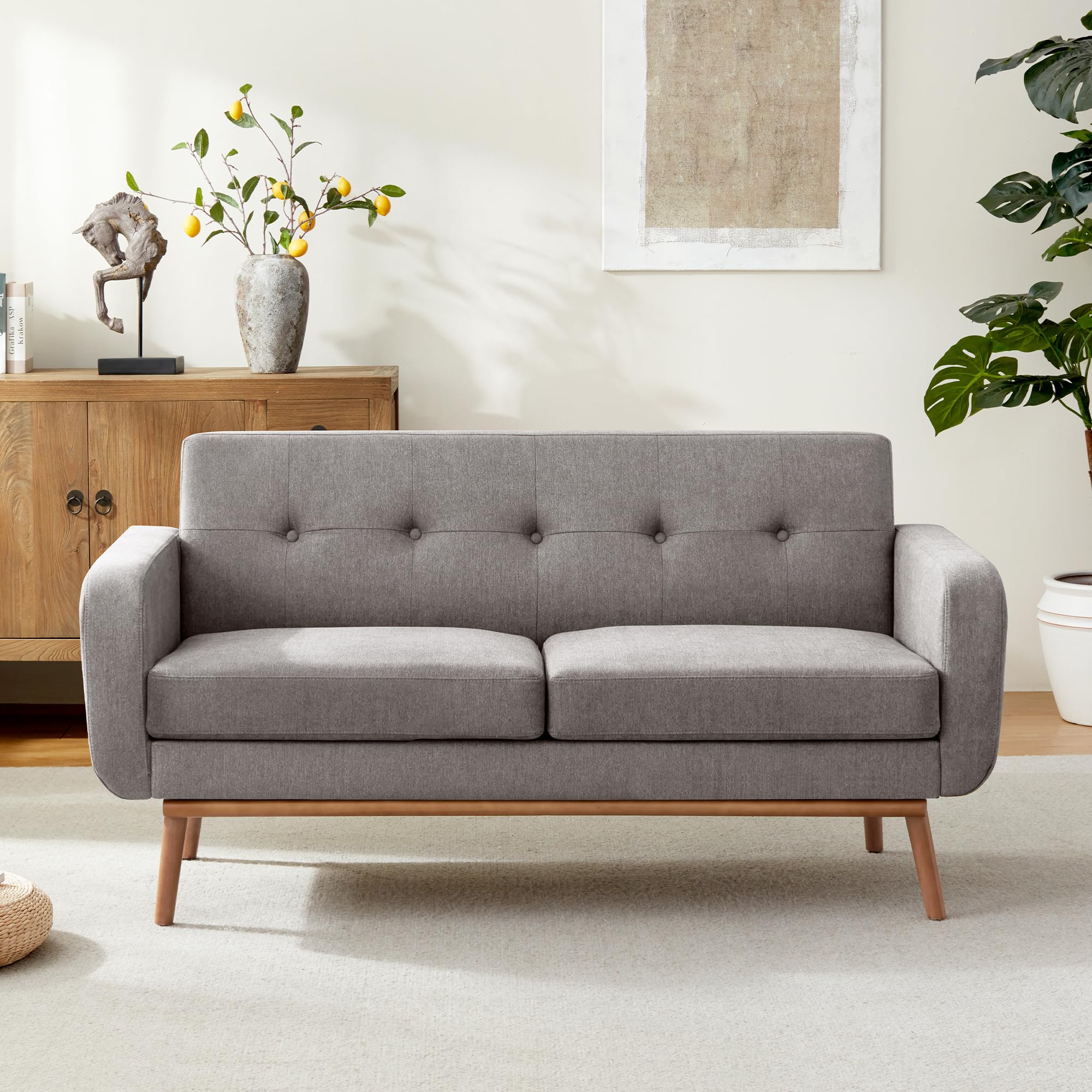 HUIMO Sofa Couch, Mid Century Modern Sofa with Solid Wood Frame, Button Tufted Couch for Bedroom, Living Room, Office, Apartment (Dark Grey, 60 inch)