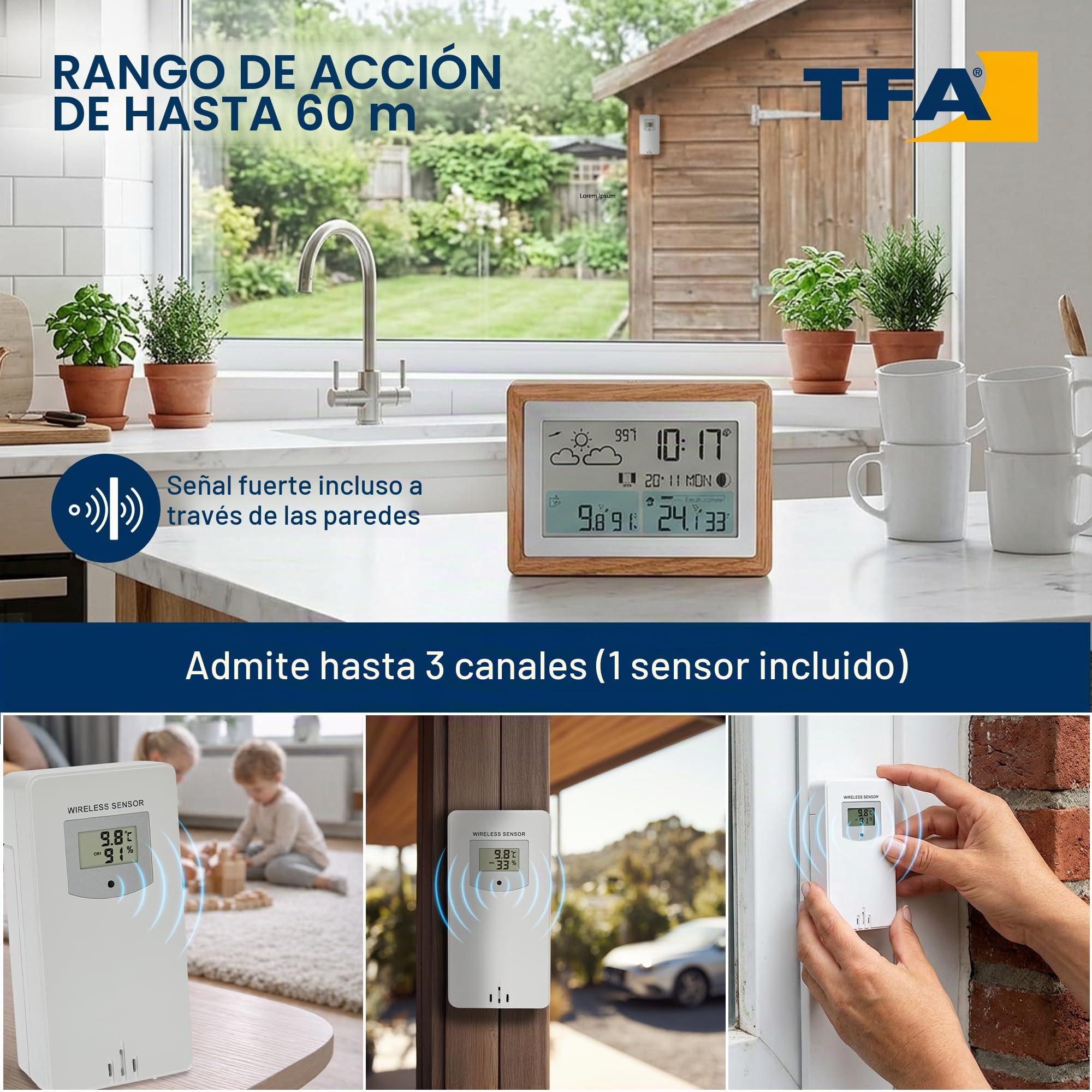TFA Dostmann Oak 35.1167.54 - Estación meteorológica inalámbrica con sensor exterior y marco de madera, temperatura interior y exterior, ventilación recomendada, intensidad variable, reloj despertador