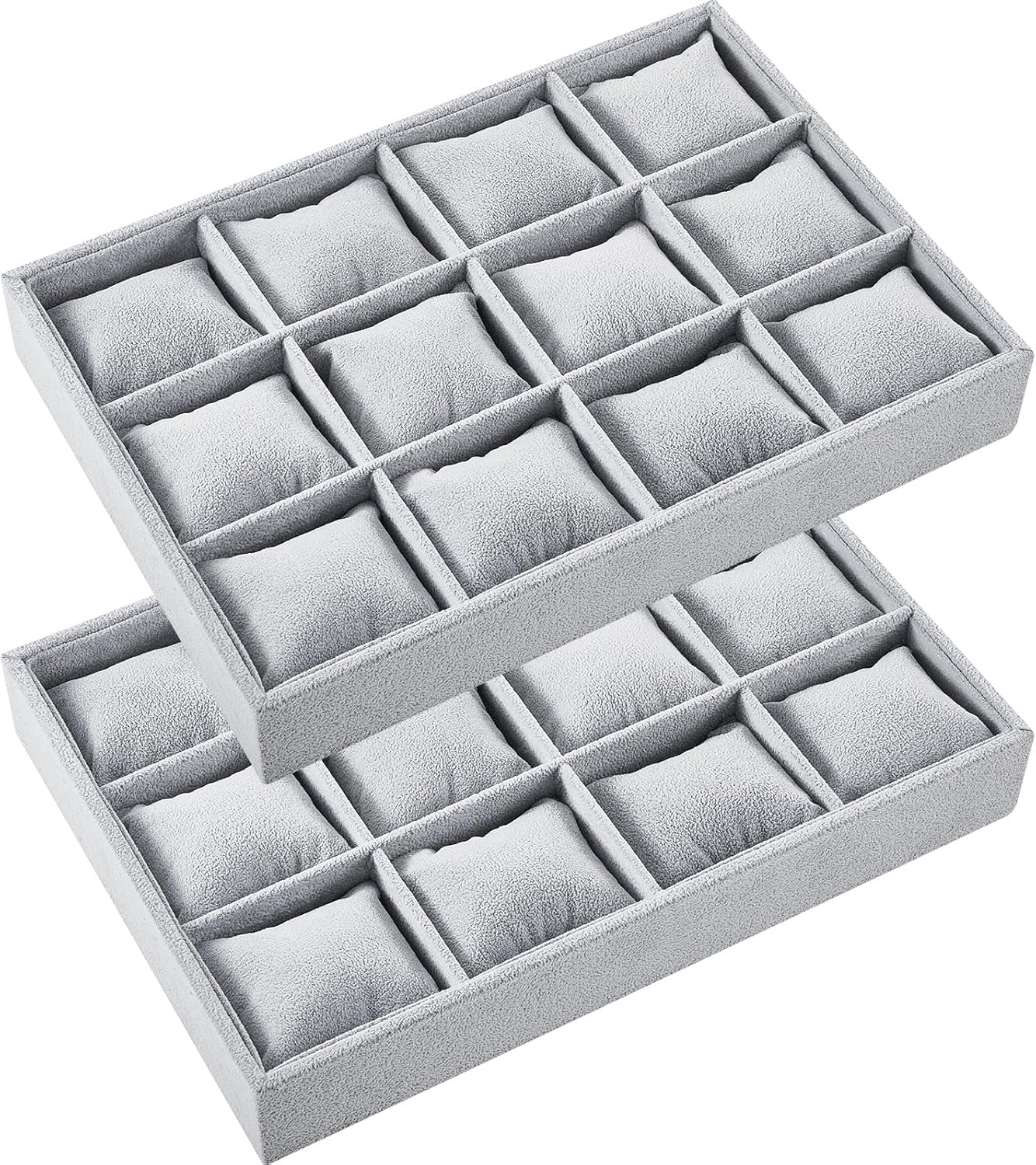 Henoyso 2 Pieces 12 Grid Velvet Watch Tray Jewelry Organizer Stackable Watch Bracelet Bangle Display Holder Adjustable Pillow (Gray)