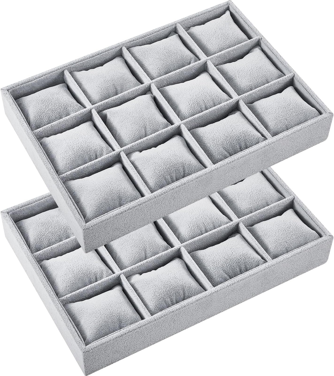 Henoyso 2 Pieces 12 Grid Velvet Watch Tray Jewelry Organizer Stackable Watch Bracelet Bangle Display Holder Adjustable Pillow (Gray)