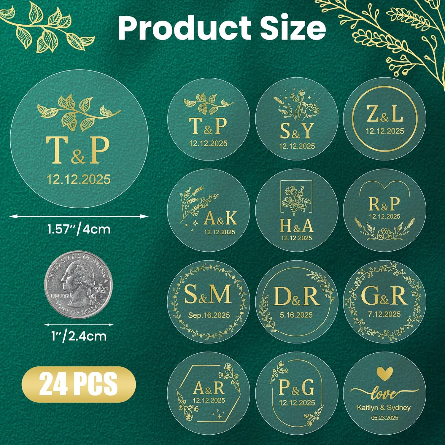 Personalized Transparent Waterproof Wedding Labels - Custom Gold Monograms Stickers for Envelope Seals, Cups, Cookies, Gifts, Party Decor - Image 2