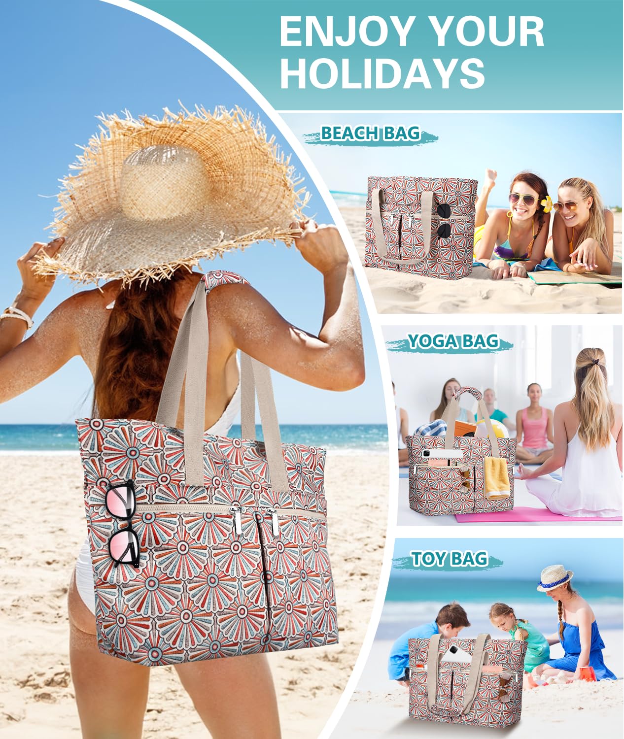 Strandtasche Damen mit Reissverschluss, Strandtasche Familie XXL Groß Shopper Tasche Beach Tote Bag Reisetasche Wasserdicht Badetasche mit Nassfach für Einkaufen Fitness Reisen