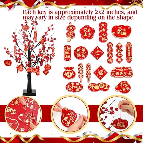 Miniatura 3 de Ganeen Decoraciones de año nuevo chino 2026 árbol de año nuevo lunar iluminado con 18 piezas de adornos chinos colgantes y 24 luces LED, abedules de