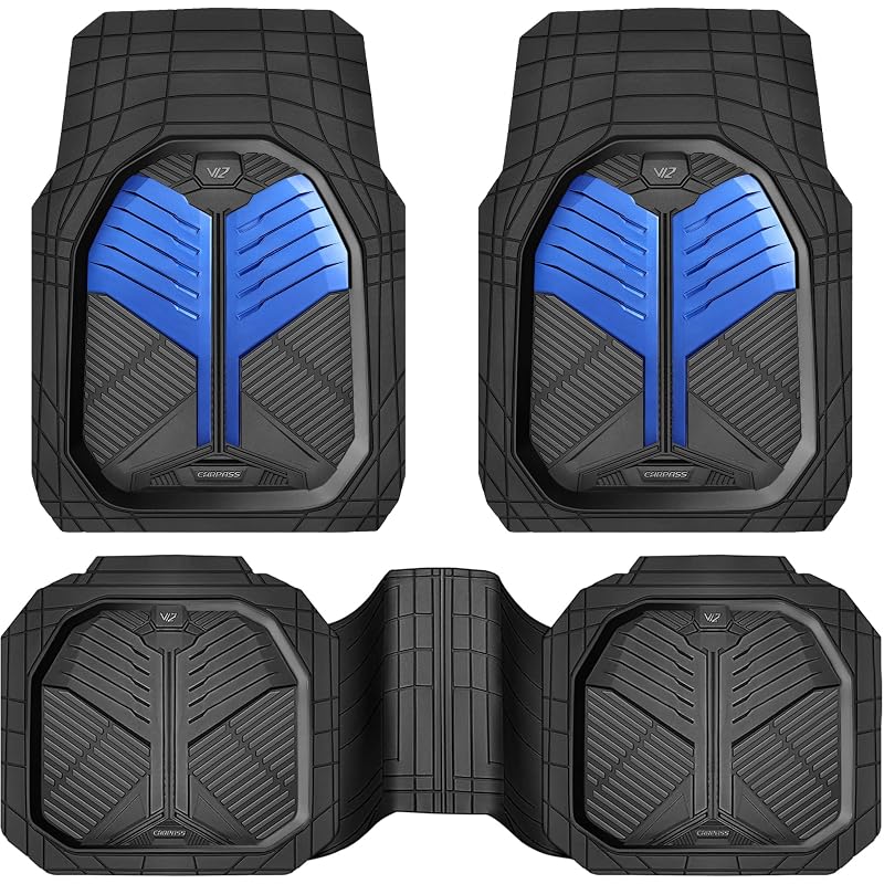 Tapete automotivo de borracha CAR PASS com borda alta, recortável e antiderrapante, preto e azul, kit com 3 peças