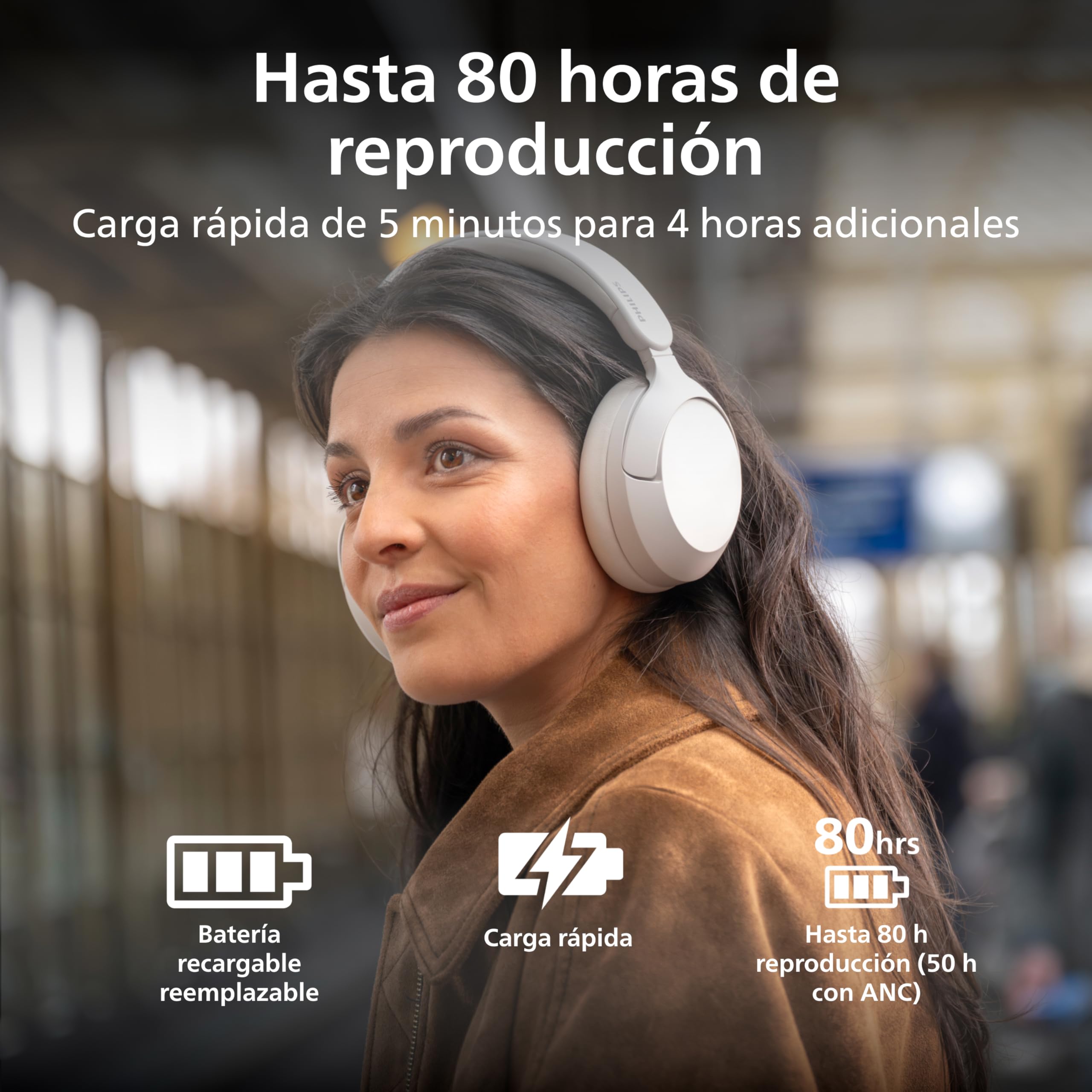 Philips TAH6000WT Auriculares inalámbricos Over-Ear con Cancelación adaptativa del Ruido, 80h reproducción, Graves dinámicos, Drivers 40mm, Bluetooth 6.0, Multipunto, 5 micros para Llamadas, Blanco