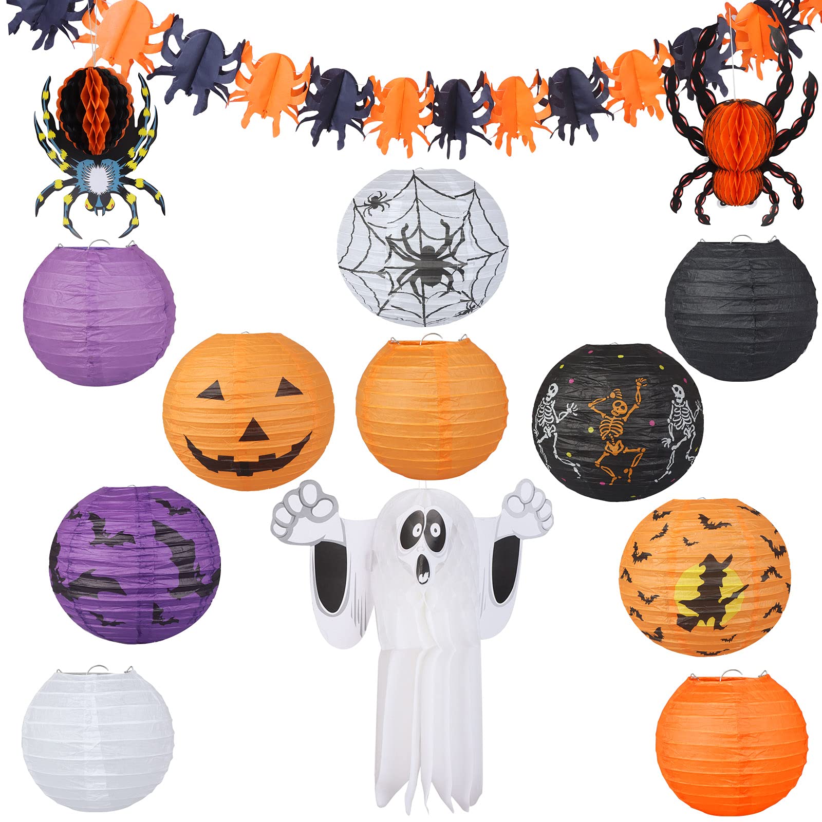 14 PCS Halloween Hanging Decorative Halloween Paper Lanterns Spider Ghost Honeycomb Pendant Ornaments Halloween Spider Paper Garlands Banner for Halloween Party Decoration