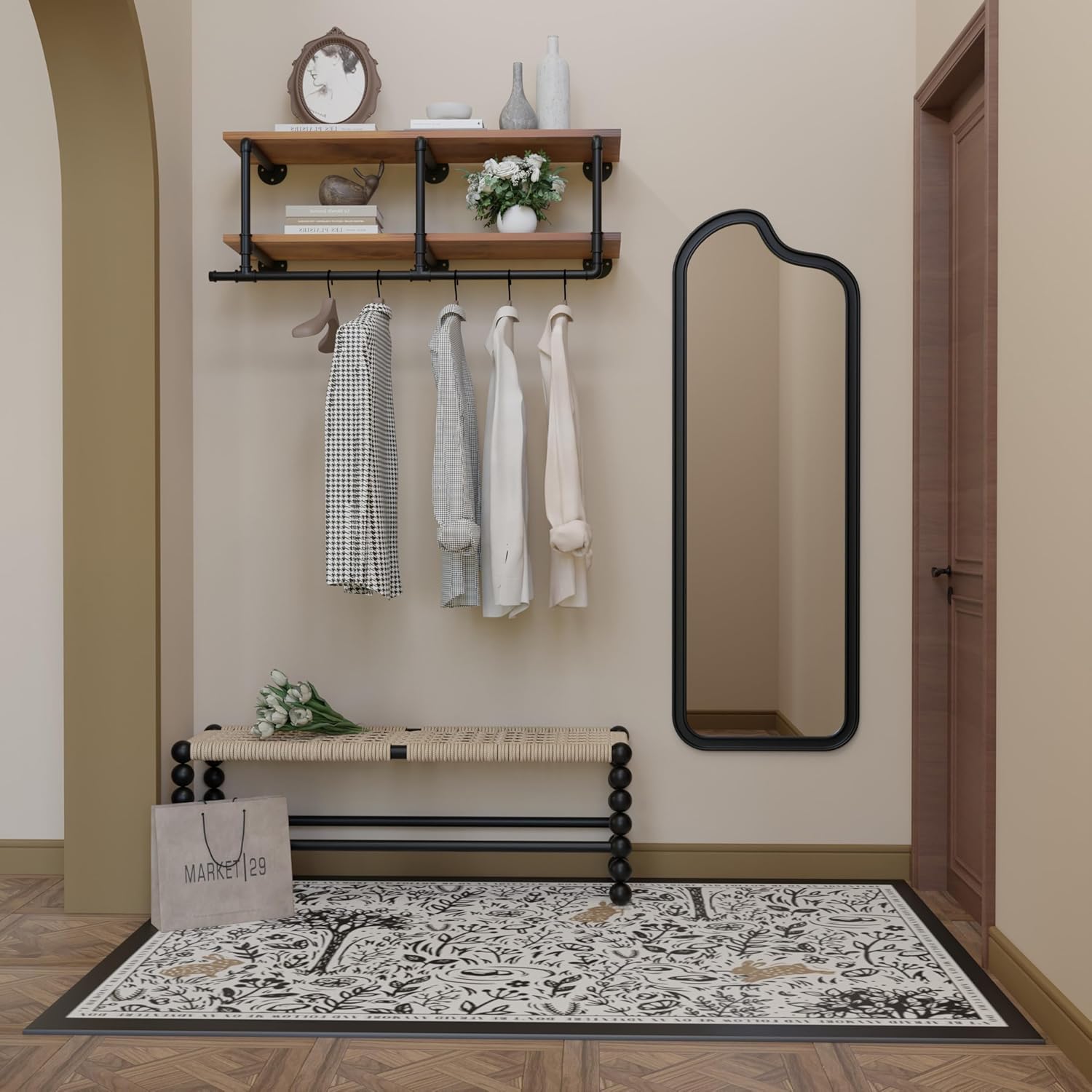 Wall Mounted Clothes Rack 12 Inch Deep, 42in Heavy Duty Garment Rack with Real Black Wood Shelf, Multi-Purpose Hanging Rod & Space-Saving Closet Storage Organizer
