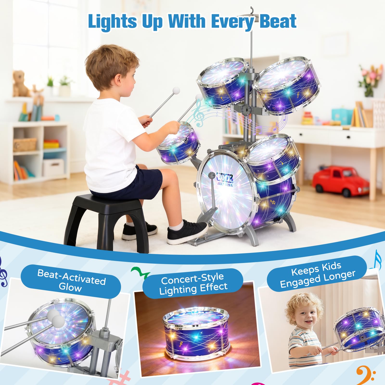 Set di batteria per bambini da 1 a 3 anni, kit di batteria jazz migliorato da 5 pezzi con sgabello, pedale per basso e piatto, strumento musicale a percussione per principianti, giocattolo regalo