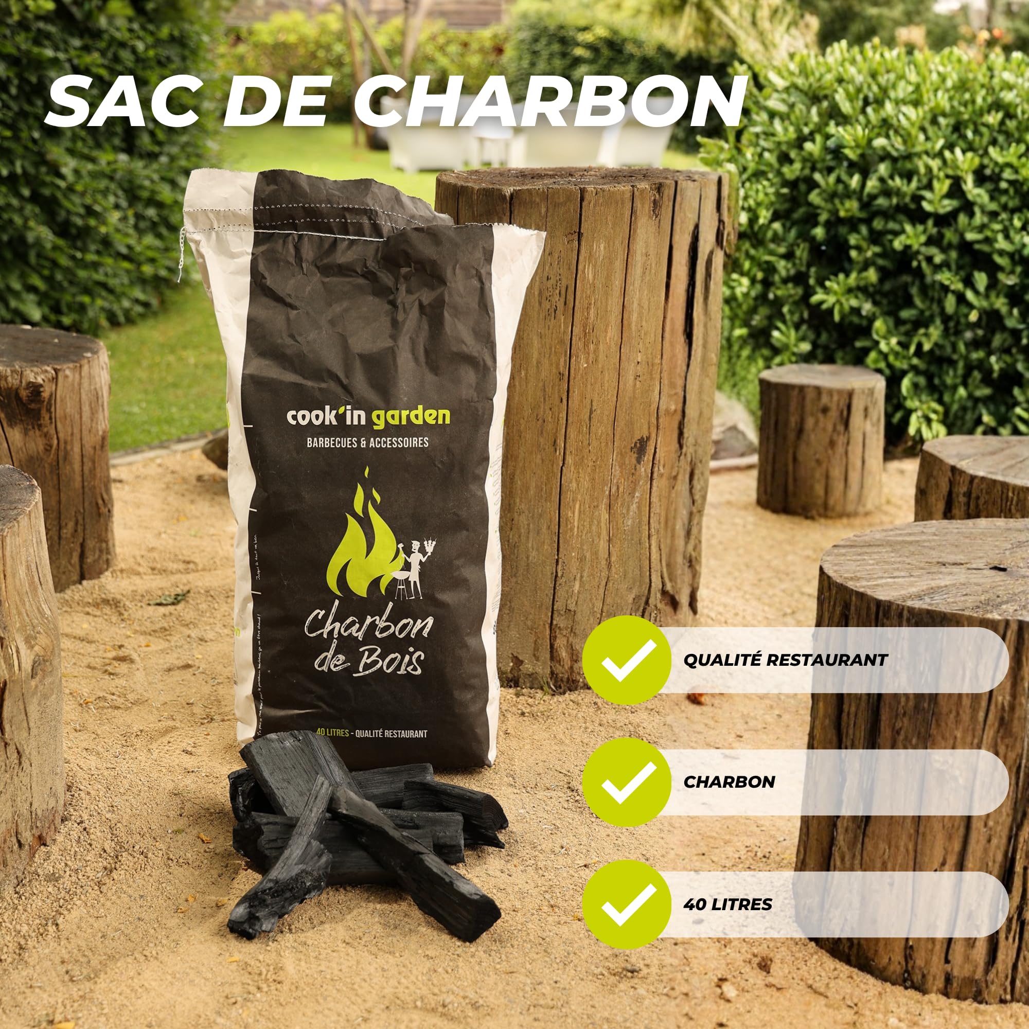 Cook’in Garden - Sac de Charbon de Bois 40L, Qualité Restaurant, Gros Charbon FSC® 100%, Fabriqué en Europe, Idéal Barbecue Extérieur Terrasse Jardin, Allumage Facile, Noir