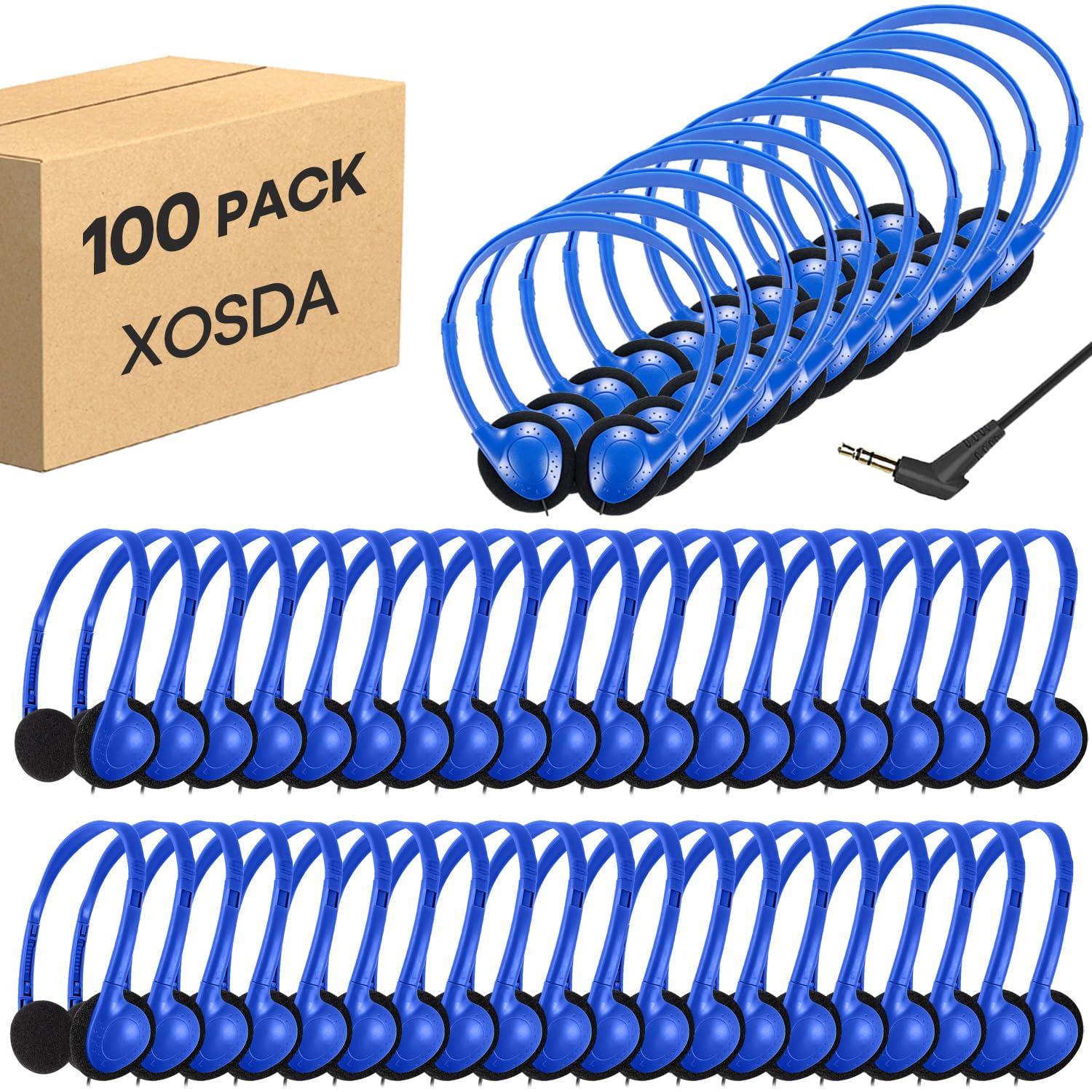 Paquete de 100 auriculares de aula a granel para la escuela de niños, juego de clase al por mayor, auriculares con cable en la oreja con conector de 3.5 mm para estudiantes, adolescentes, niños