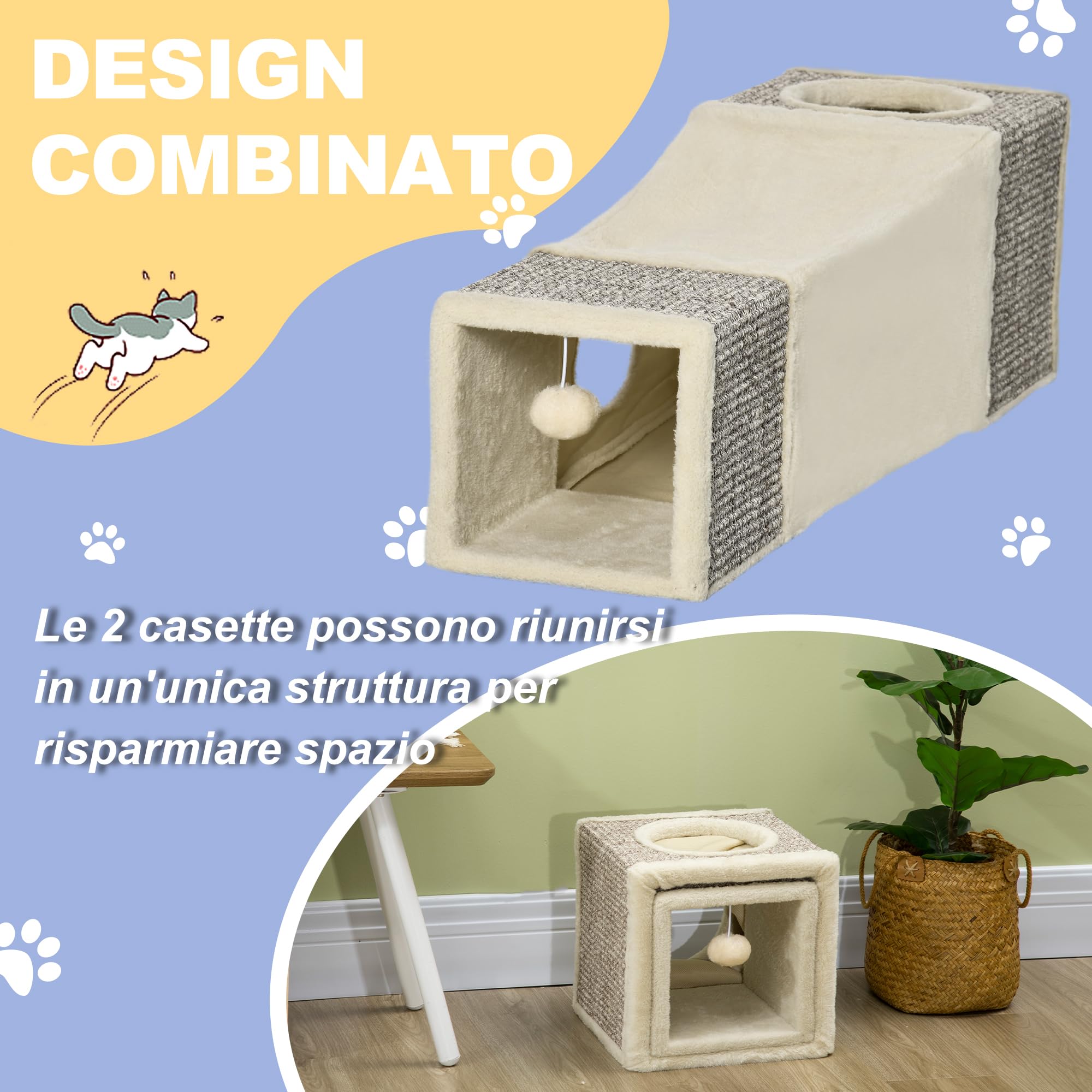 PawHut Tunnel per Gatti Pieghevole con Casette e Tiragraffi, Tunnel Gioco per Gatti, Cuccioli e Animali Domestici, Giocattoli con Pallina in Peluche e Sisal, Interno e Esterno, Crema