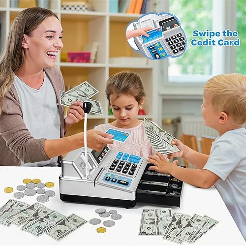Miniatura 6 de Juguete plateado de caja registradora para niños, juego de 120 piezas de tienda de comestibles con tarjeta de crédito, cajas de comestibles,