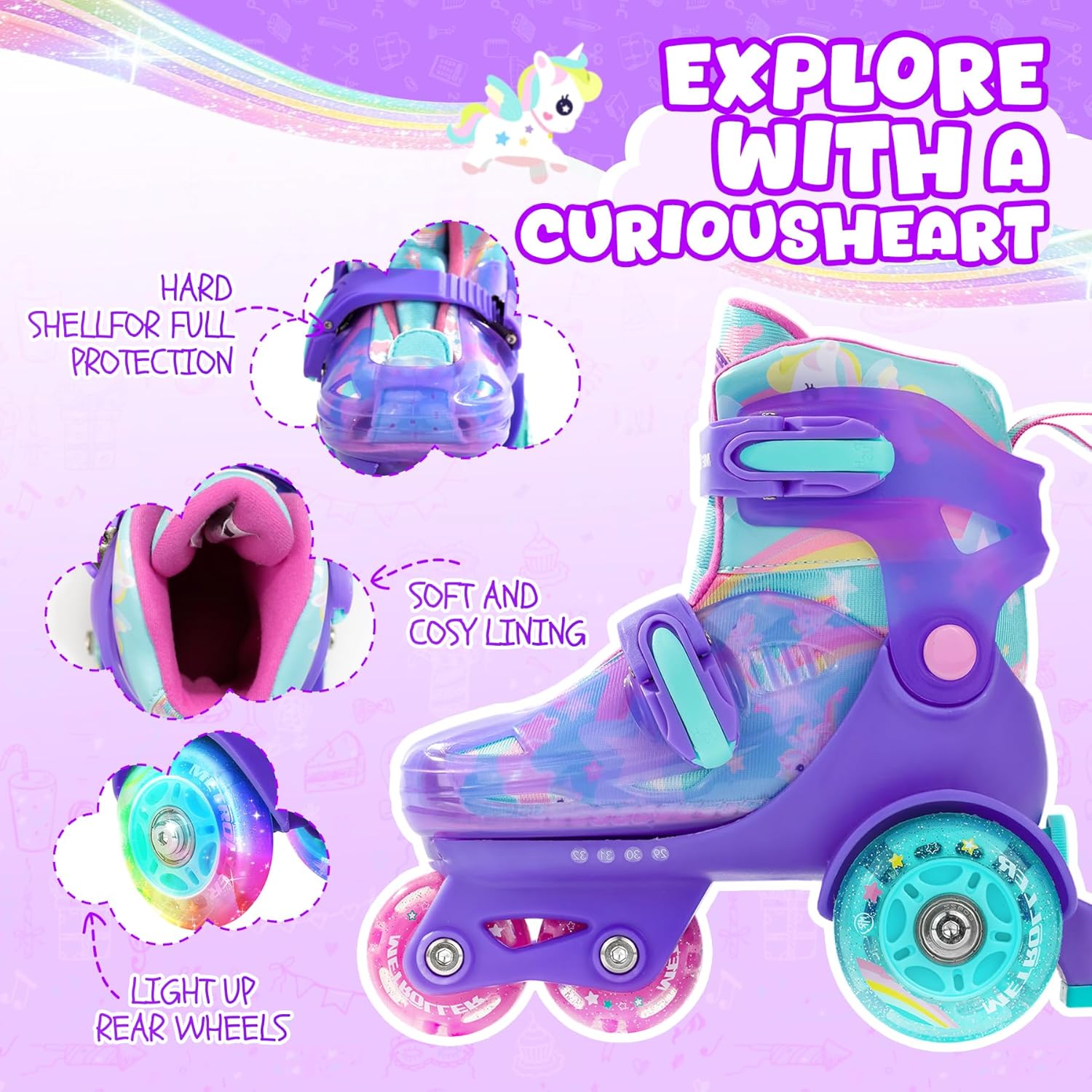 METROLLER Adjustable Kids Balance Roller Skates for Toddler Ages 3-6 Rainbow Unicorn Dinosaurs Illuminating Rollerskates for Girls Boys Ages 5-8 Three-Point Type Suitable for Beginners - Image 4
