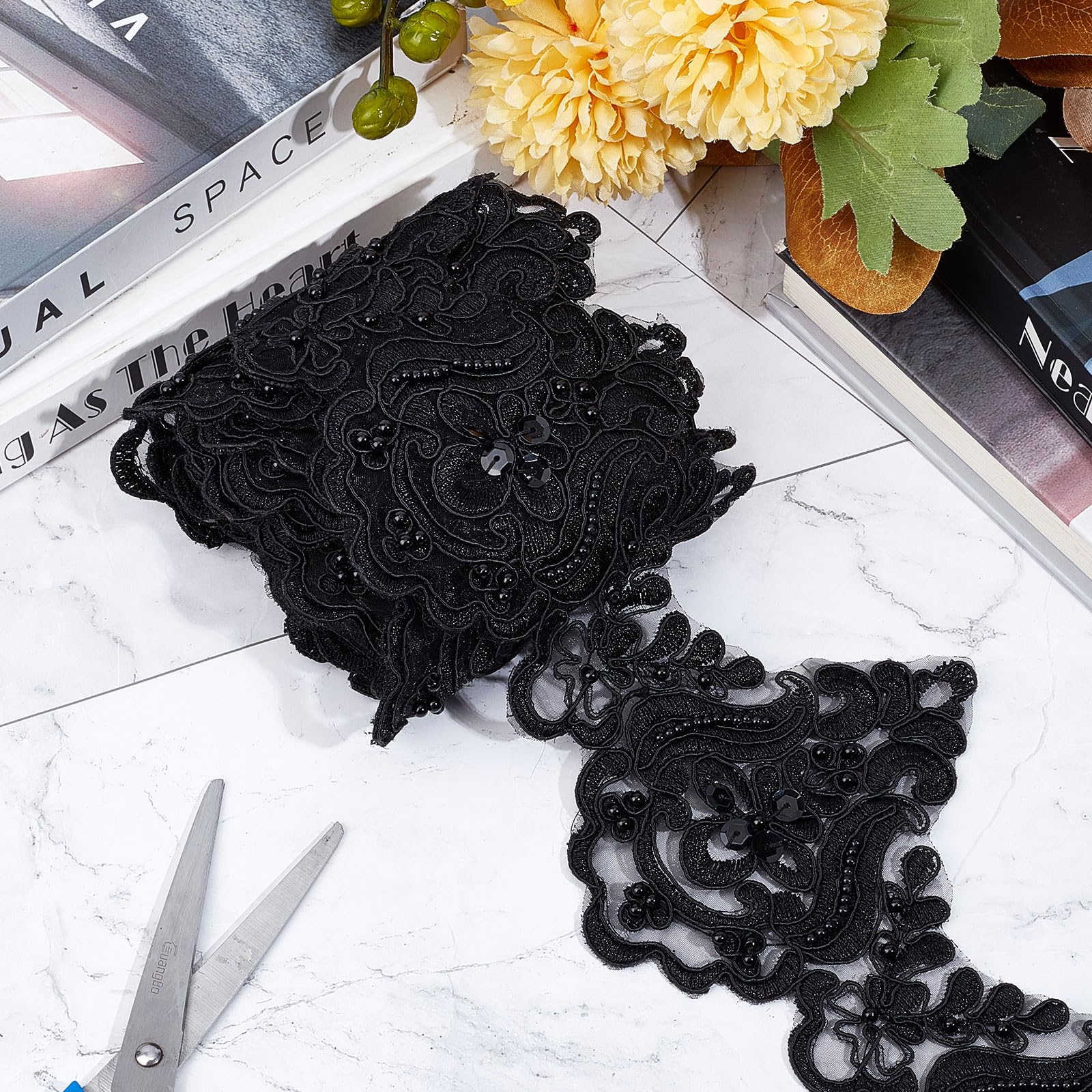 GORGECRAFT 3 iarda Nero Poliestere Pizzo Rifiniture Ricamo Anelastico Fiore Ricamato Nastro Perline Motivo A Onde Nastri per Cucito Artigianato Tenda Tovaglia Fodera Nuziale Fai Da Te Panno