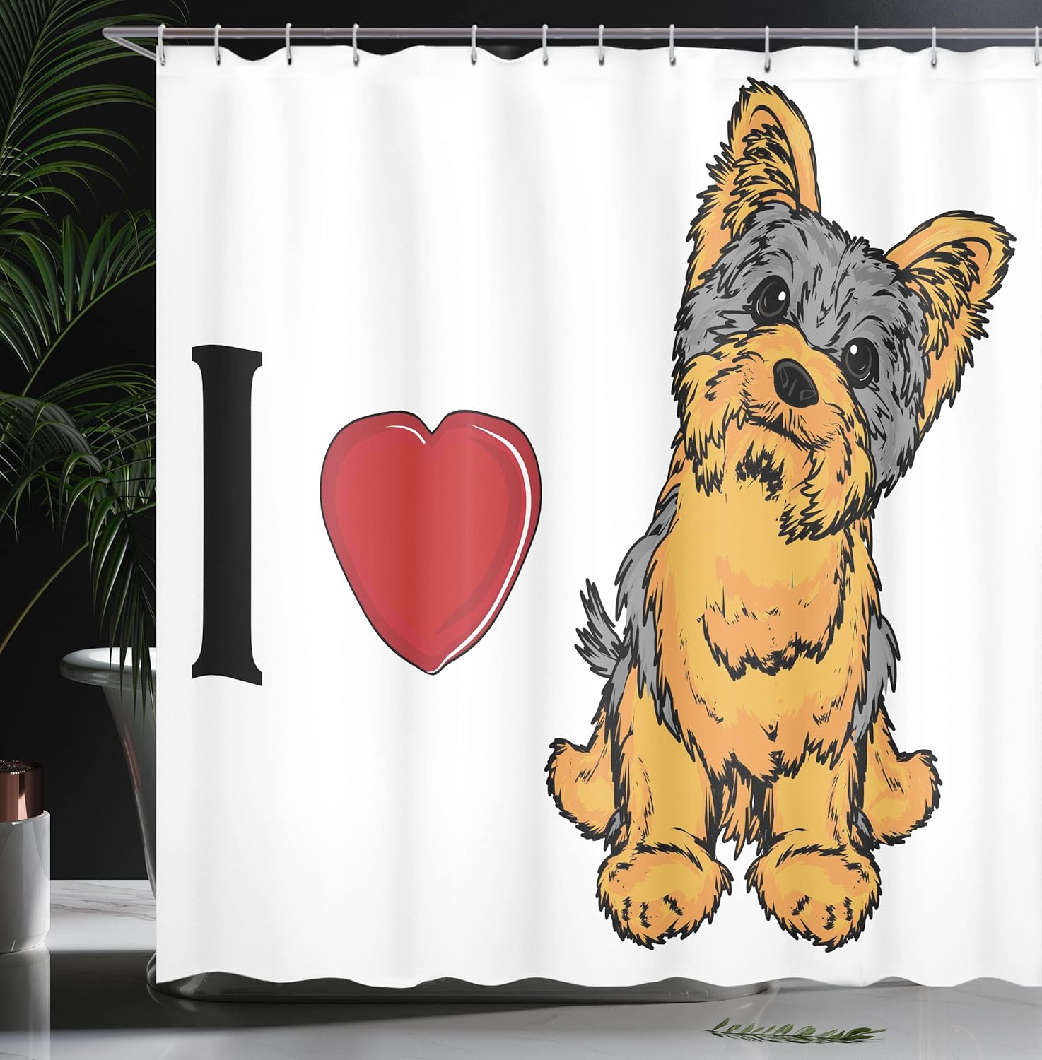 Ambesonne Yorkie Shower Curtain, I Love Yorkshire Terrier Dog Smiling Animal Tilted Head Love Print, Cloth Fabric Bathroom Decor Set with Hooks, 69" W x 70" L, Marigold Pale Grey