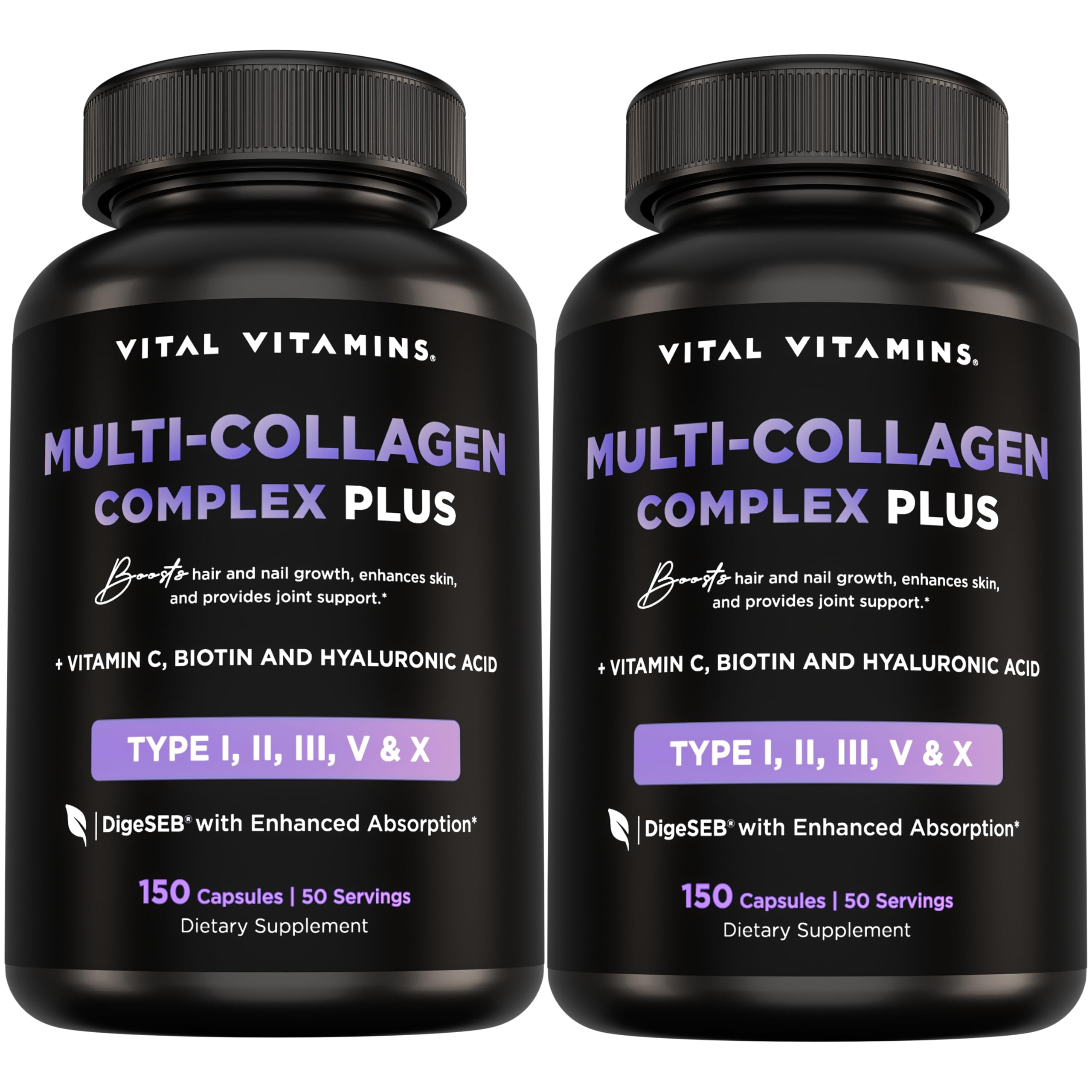 Vital Vitamins Multi Collagen Plus (2-Pack) - with Biotin, Hyaluronic Acid, Vitamin C - Type I, II, III, V, X - for Women & Men - Hair, Skin, Nails Beauty Complex - 300 Capsules