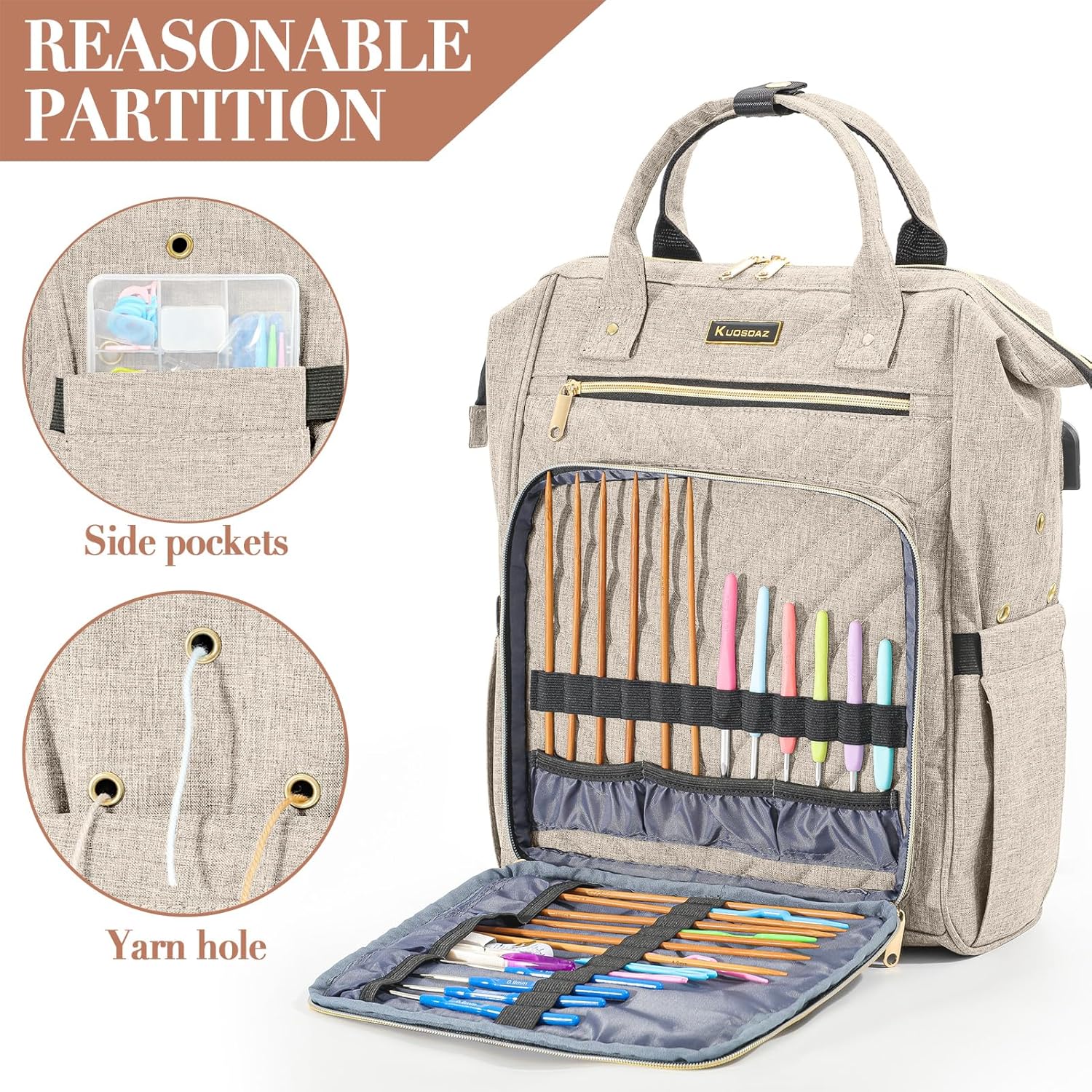 Knitting Bag Backpack, Crochet Bag Tote, Yarn Organizer with USB Charging Port, Christmas Gifts Large Travel Knit Storage Tote for Crochet Hooks, Knitting Needles, Yarn Supplies, Beige