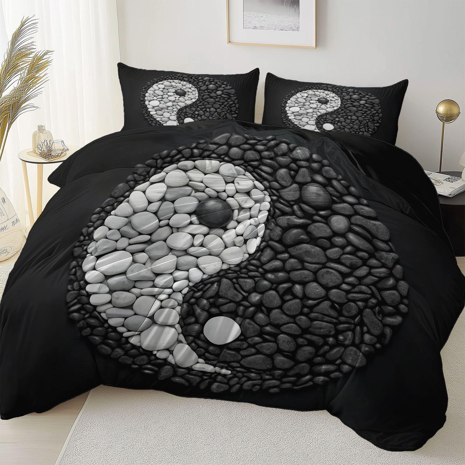 Zestaw pościeli Yin And Yang Stone Philosophy miękki nadruk zestaw pościeli ze szczotkowanej mikrofibry poszewka na kołdrę z poszewkami na poduszki 230 x 220 cm prezenty dla mamy sypialnia dekoracja