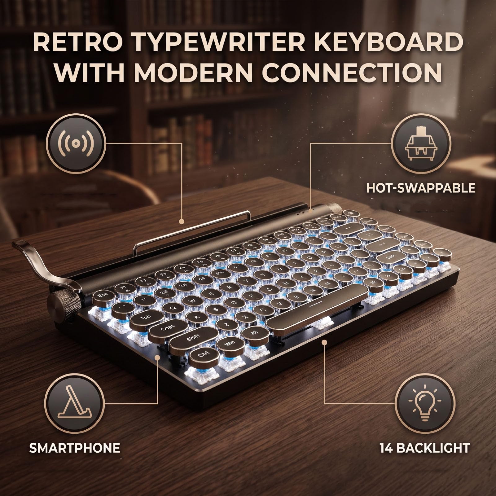 Bewinner Clavier de Jeu Mécanique Steampunk, 14 Rétroéclairage, 3 Modes