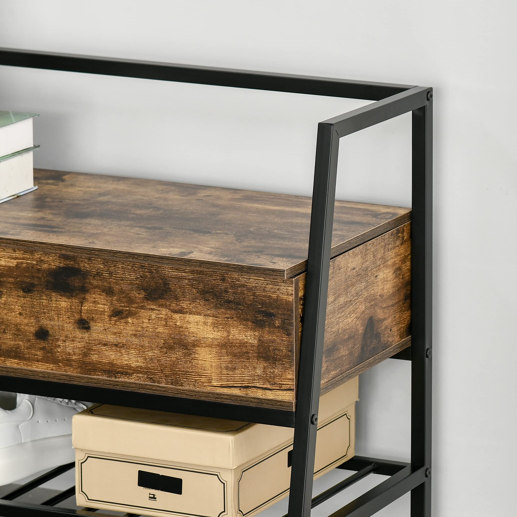 HOMCOM Mobile Scarpiera in Stile Industriale con Vano, Panca Scarpiera Vintage Salvaspazio in Legno e Metallo, Marrone Rustico, 90x37x60cm
