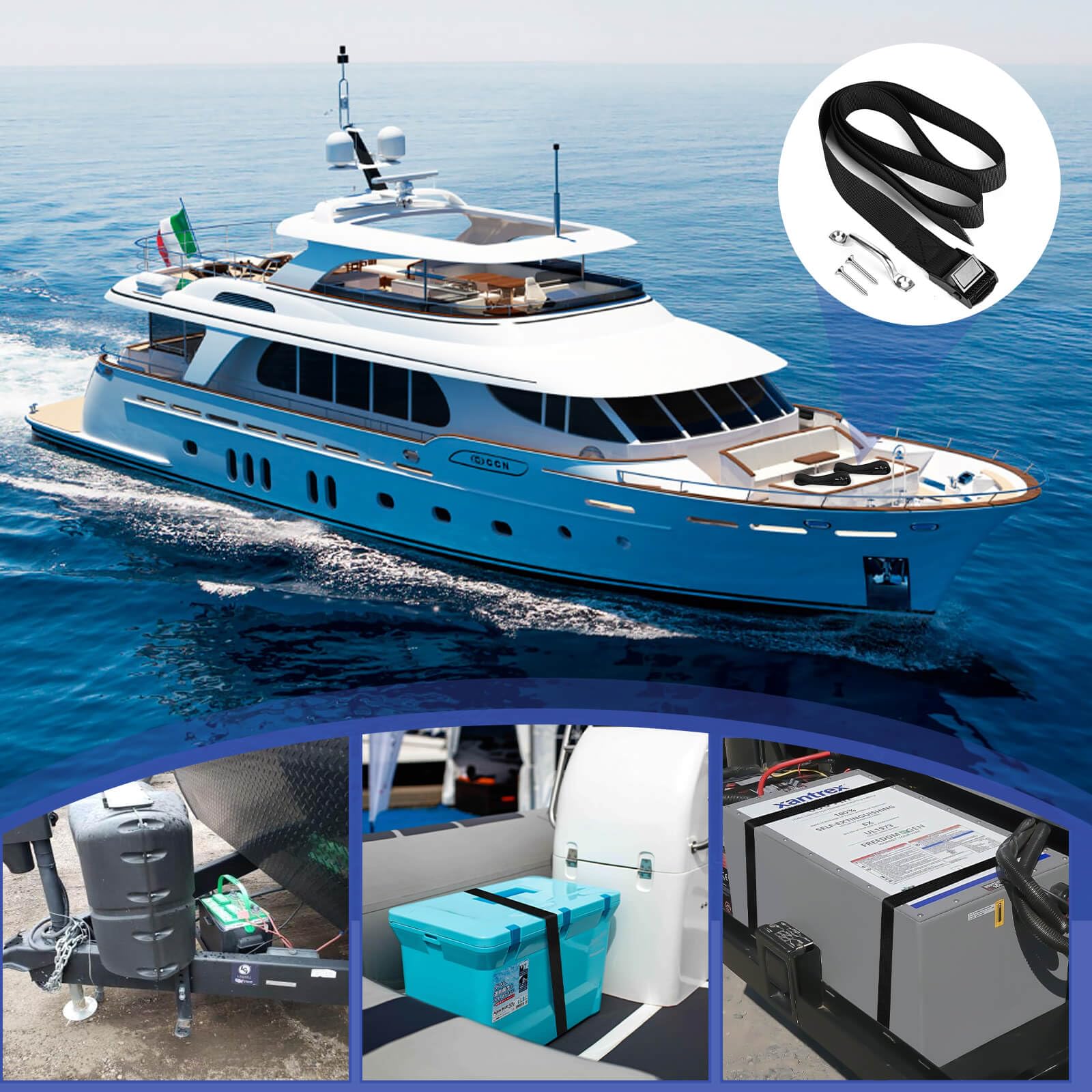 Battery Tie Down Strap Battery Hold Down Kit with Stainless Steel Cam Buckle, Stainless Steel Bracket and SS Screws for Boats,Cooler,Battery Box,Fuel Tank,Luggage Belt,RV and More 2 Sets 1