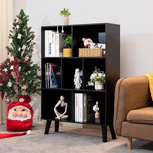 Miniatura 7 de YAHARBO Black Bookshelf,3 Tier Modern Bookcase with Legs,Bookshelves Wood Storage Shelf, Open Book Shelves Cube Organizer,Freestanding Short Negro