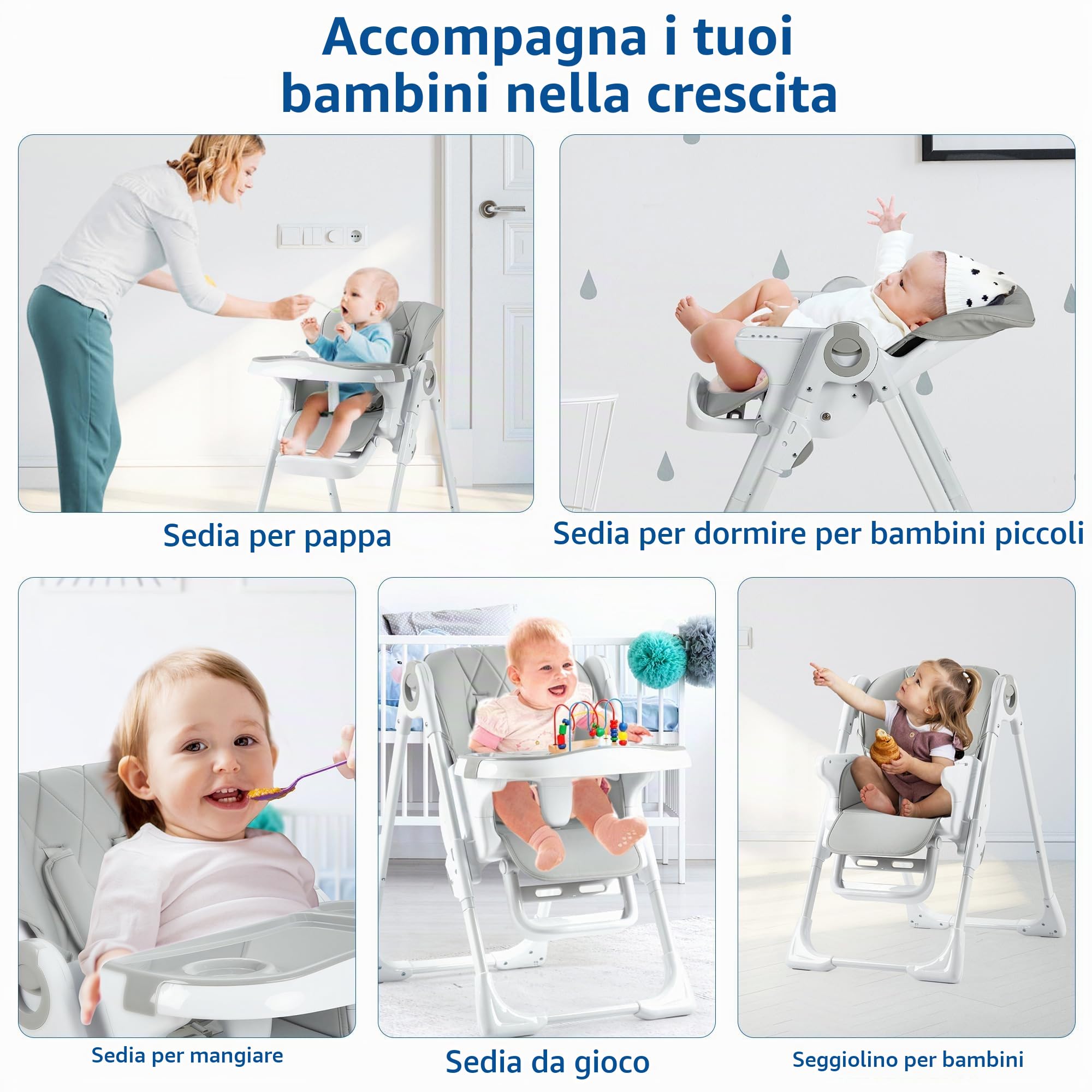 Seggiolone pieghevole per bambini - Altezza regolabile, schienale reclinabile, 3 posizioni vassoio - Imbracatura a 5 punti, vassoio e poggiapiedi rimovibili - Compatto per casa e viaggio,