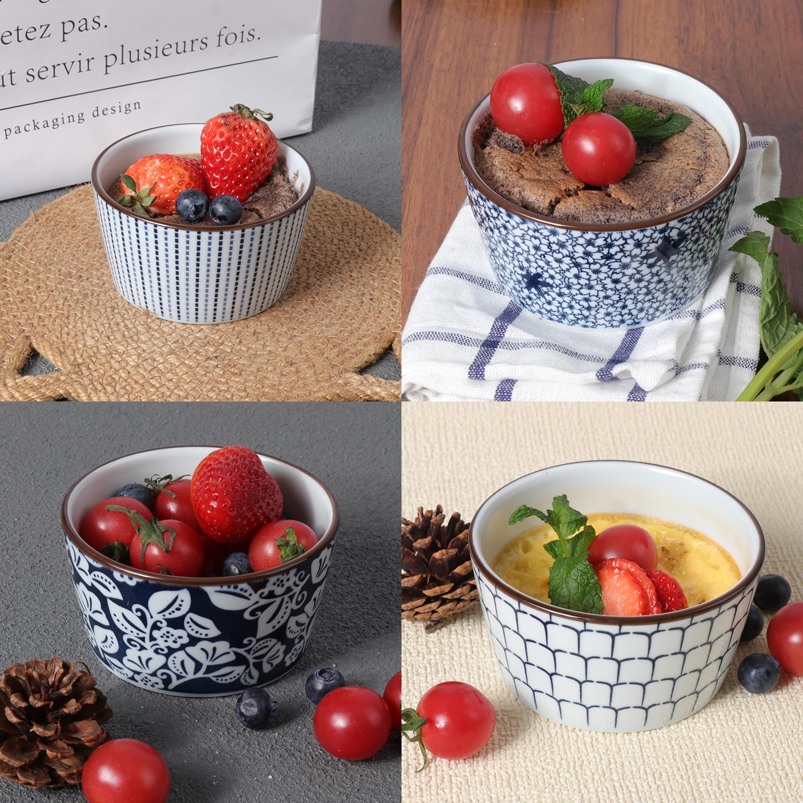 Ramequines de cerámica de 6 onzas, ramequines de crema brulee aptos para horno para pudín, crema brulee, cuencos de salsa, ramequines para hornear soufflé, helado, juego de 6
