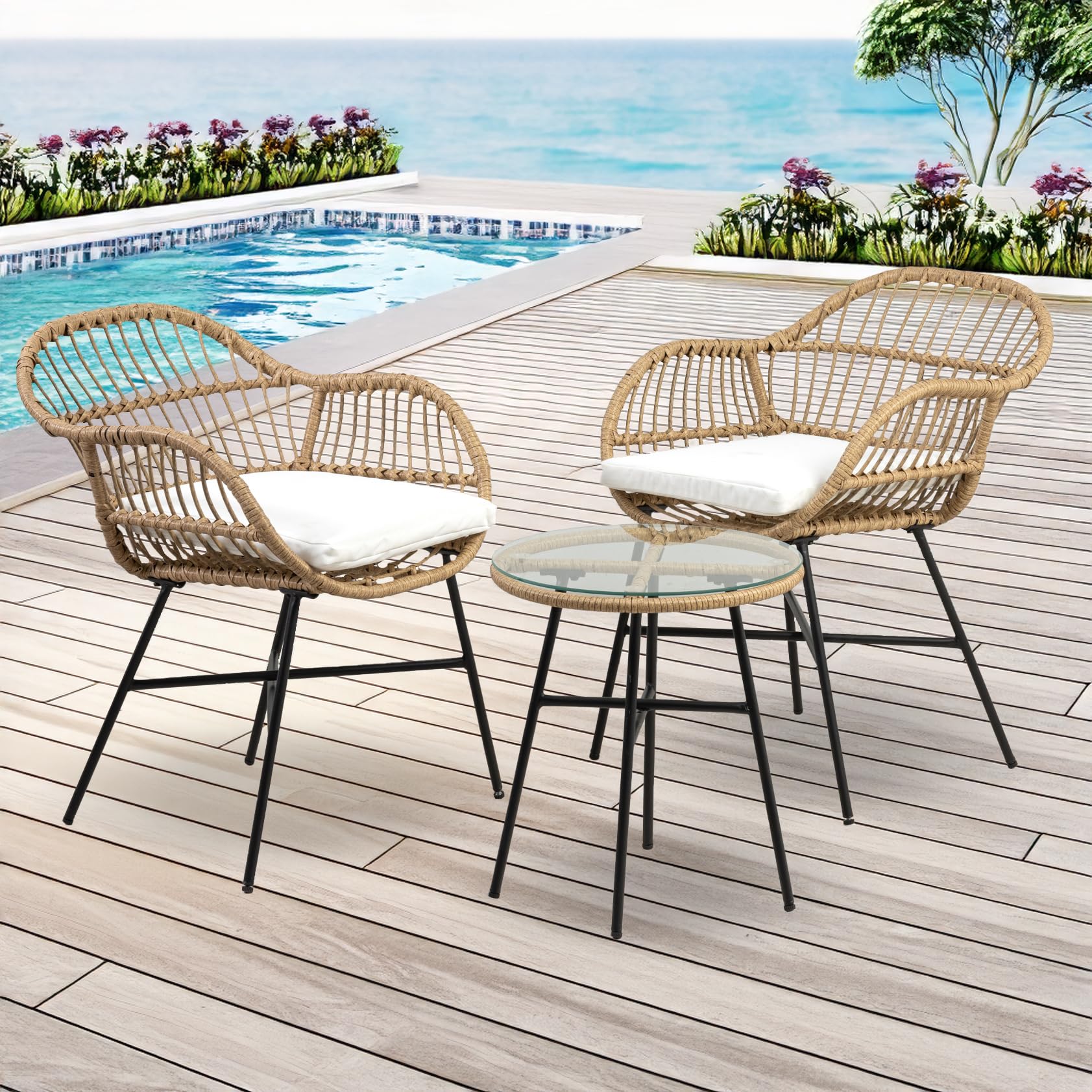 Salottino Da Esterno Set Bistrot Poltrone E Tavolino Elegante In Rattan Terrazzo Balcone Giardino Telaio In Acciaio Tavolo Salotto Con Piano In Vetro Con 2 Sedie Con Comodi Cuscini - Malang