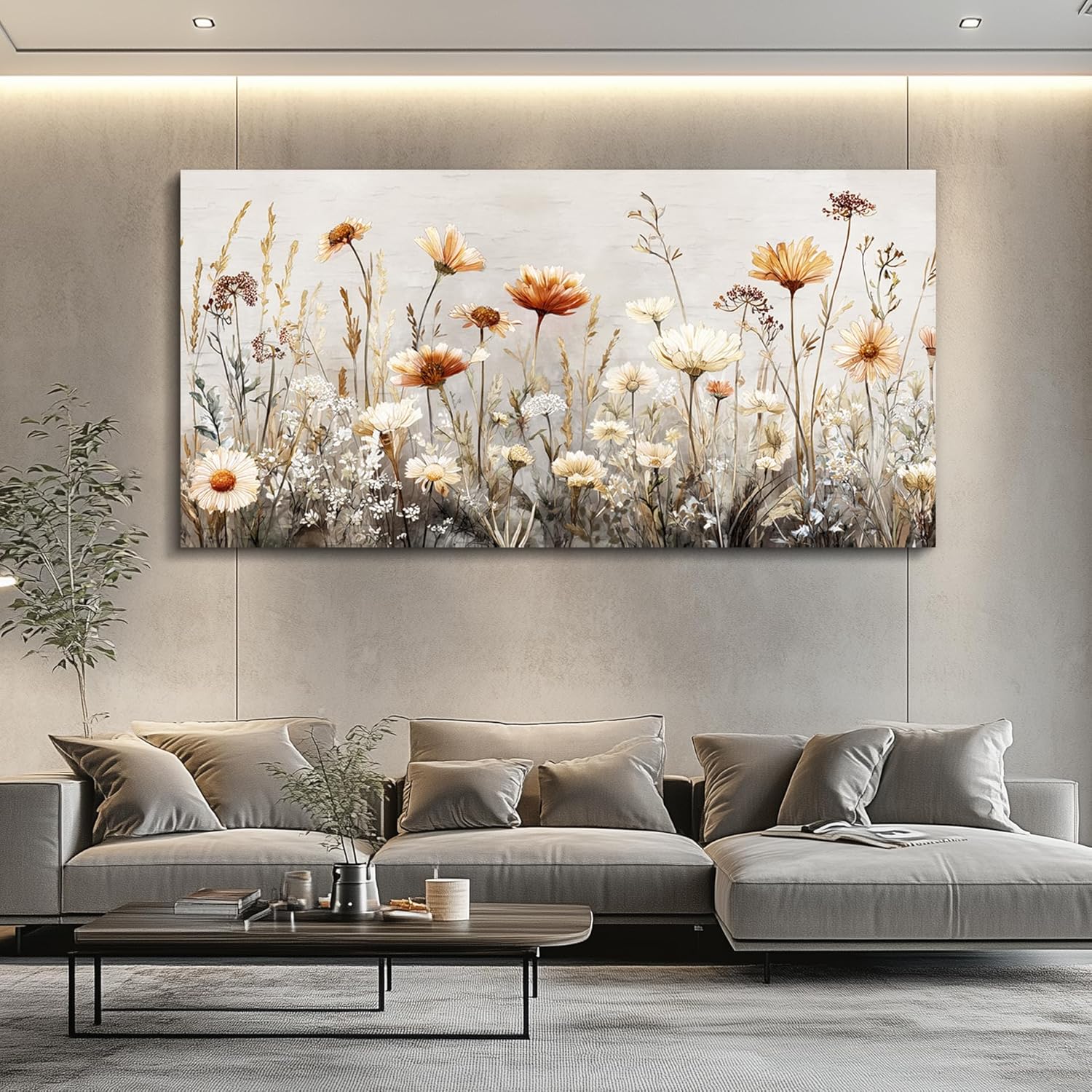 QIYILEXWART Canvas Wall Art For Living Room Wall Decor For Bedroom Office Wall Decoration Neutral Wildflower Landscape Painting Farmhouse Pictures Artwork Room Aesthetic Home Decor 20x40 In - Image 4