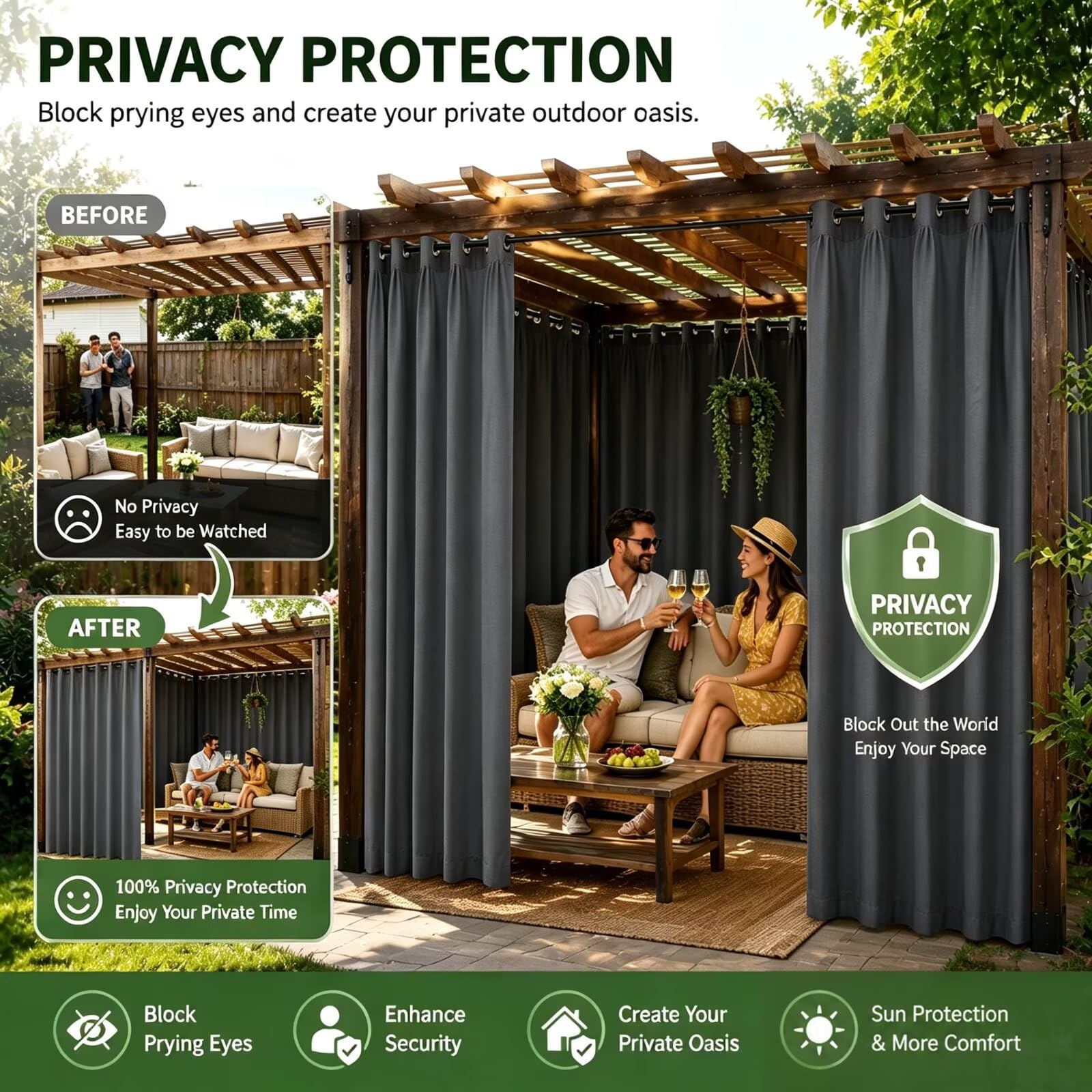 Pavillon Vorhänge Wetterfest,Vorhang mit Ösen 2er H213 x B177cm dunkelgrau | Pflegeleicht & Schnell trocknend: Abwaschbare Pavillon Vorhänge. Leicht zu verstauen, auch als Türvorhang drinnen