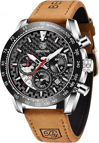 BY BENYAR Relojes deportivos para hombre, con estilo analógico, de cuarzo, cronógrafo, fecha, impermeable, 3ATM, correa de cuero para negocios,