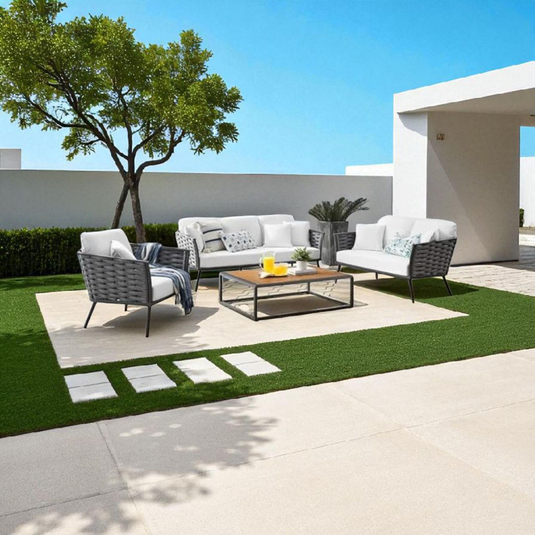 HAPPY STAR 4-Piece Outdoor Rope Patio Conversation Loveseat Furniture with Cushions for Gardan Livinging Room Lawn (Grey & White)-image-45